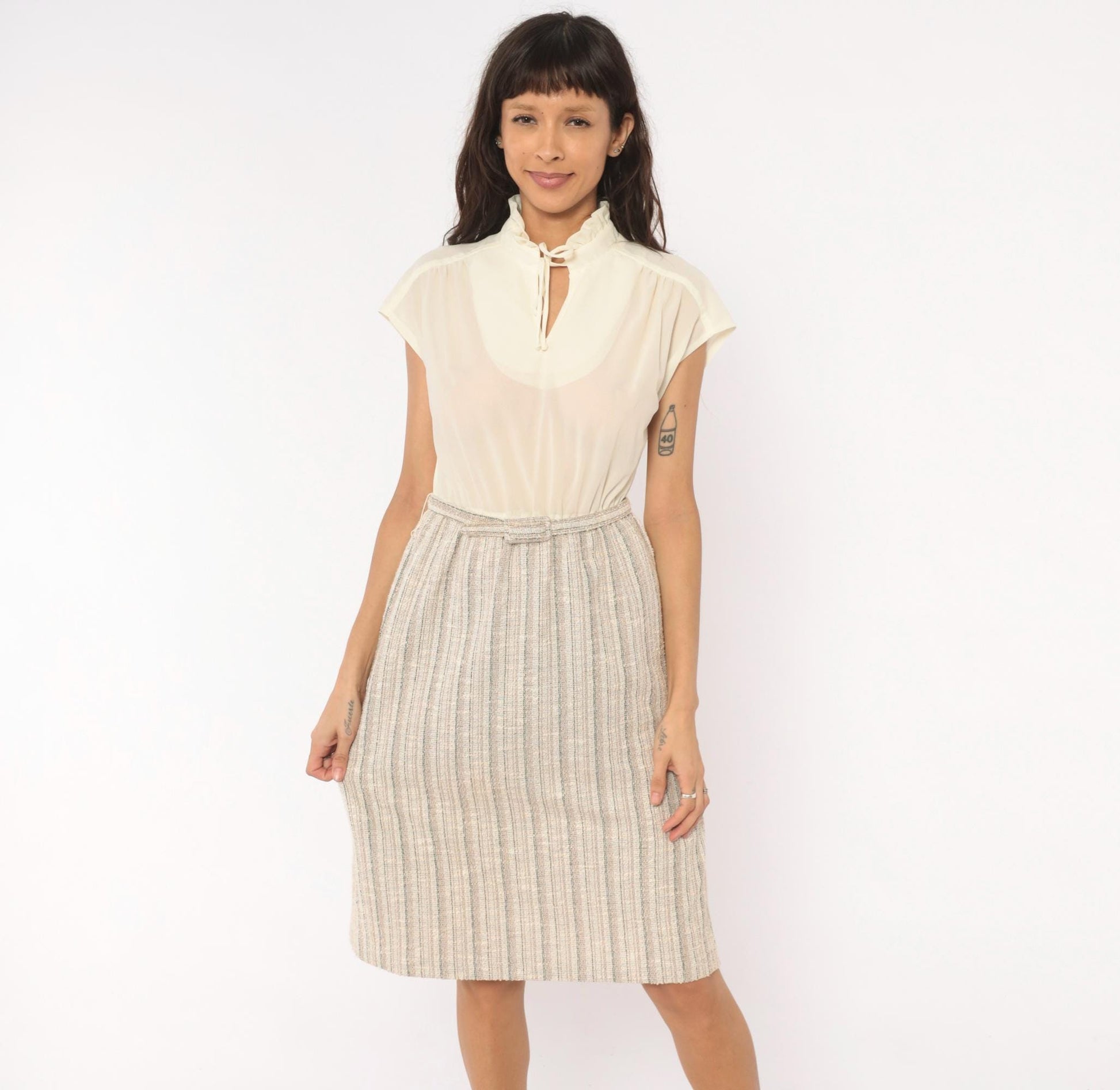 80s Berg Ray Two-Piece Set Sheer Cream Blouse Tan Tweed Skirt Medium M