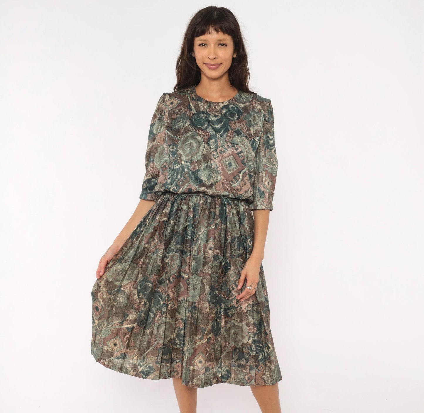 80s M.C.S.Ltd. Abstract Floral Patchwork Dress Puff Sleeve Pleated Knee Teal Medium Large