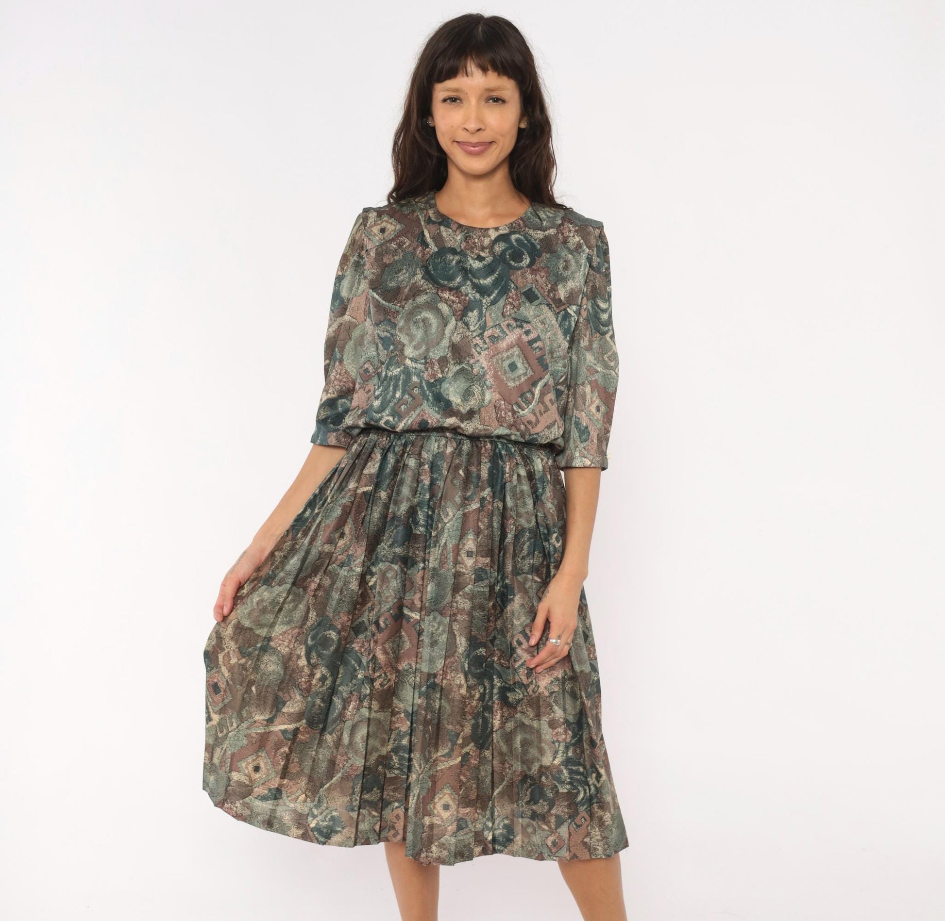 80s M.C.S.Ltd. Abstract Floral Patchwork Dress Puff Sleeve Pleated Knee Teal Medium Large