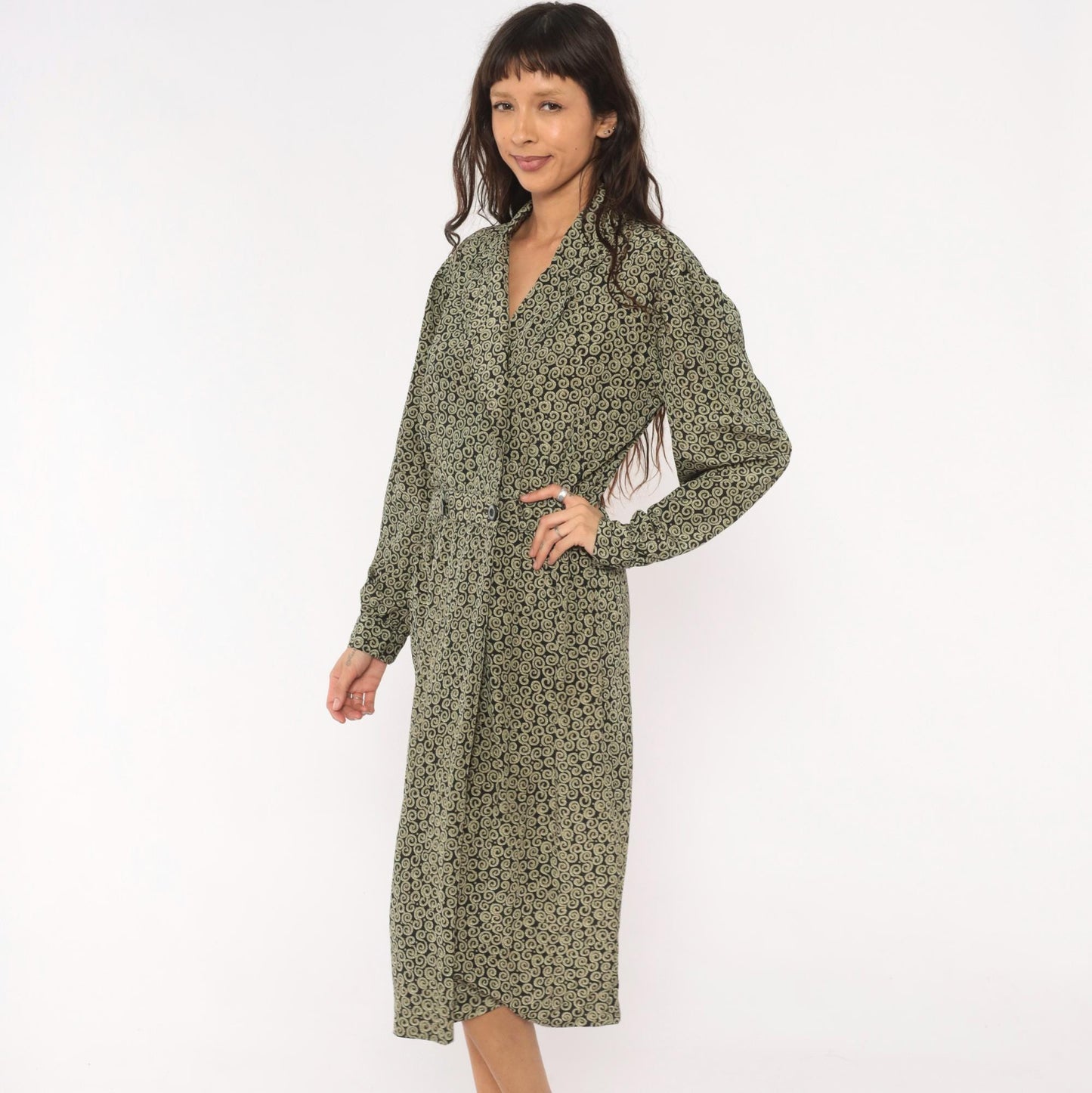 90s Liz Claiborne Navy Olive Scroll Print Midi Shirtdress Large L