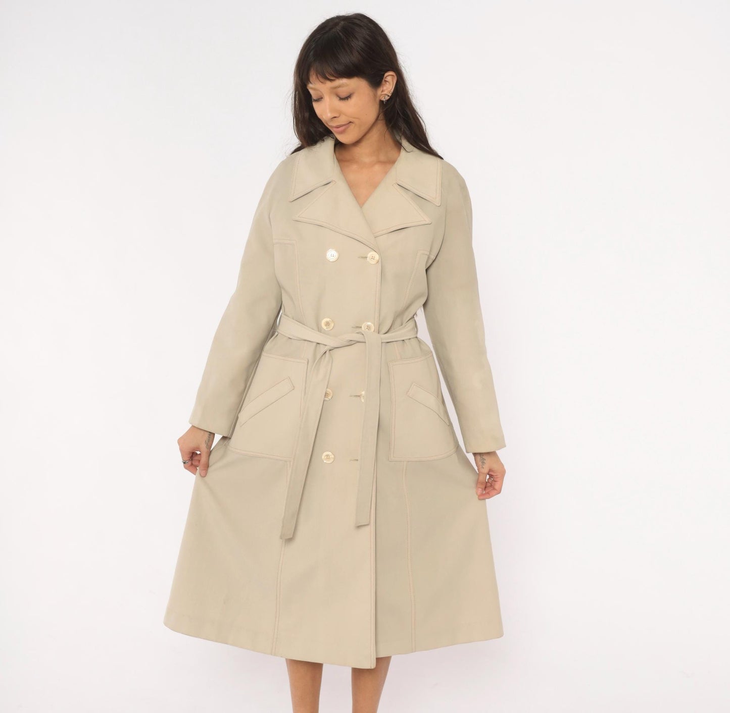 80s Double Breasted Trench Coat Beige Mid-Calf Belted Jacket Medium