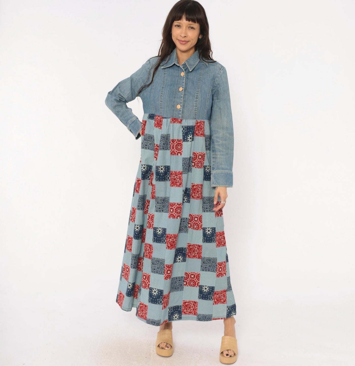 00s Valerie Stevens Patchwork Denim Maxi Dress Bandana Gingham Red Navy Medium