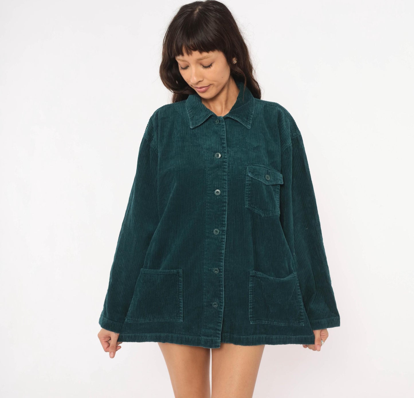 90s Teal Corduroy Shacket Wide Wale Button Front Shirt Jacket Large L