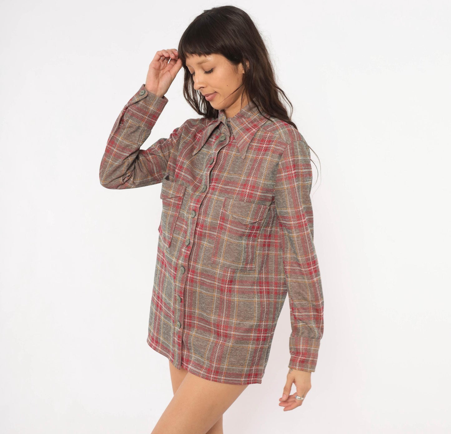70s Plaid Shirt Jacket Grey Red Pointed Collar Button Front Medium