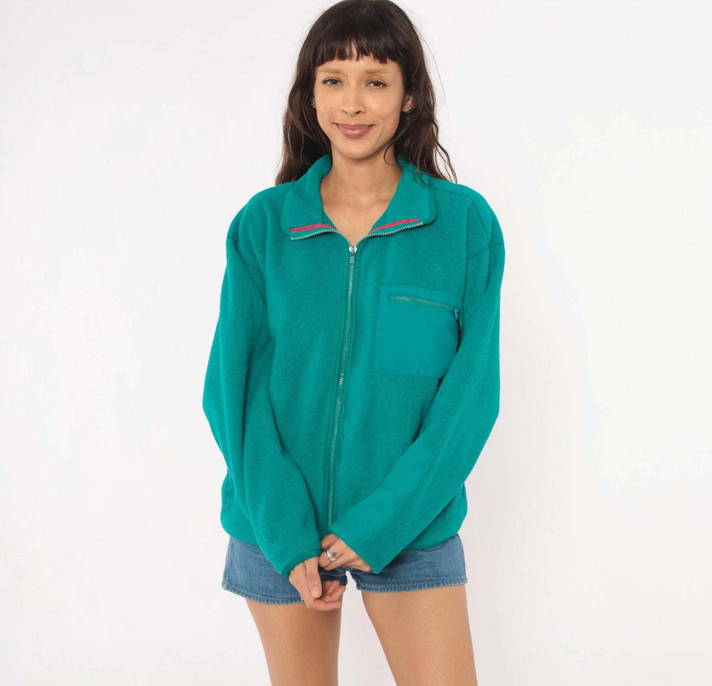 90s Patagonia Teal Fleece Full Zip Jacket Pink Trim Large L