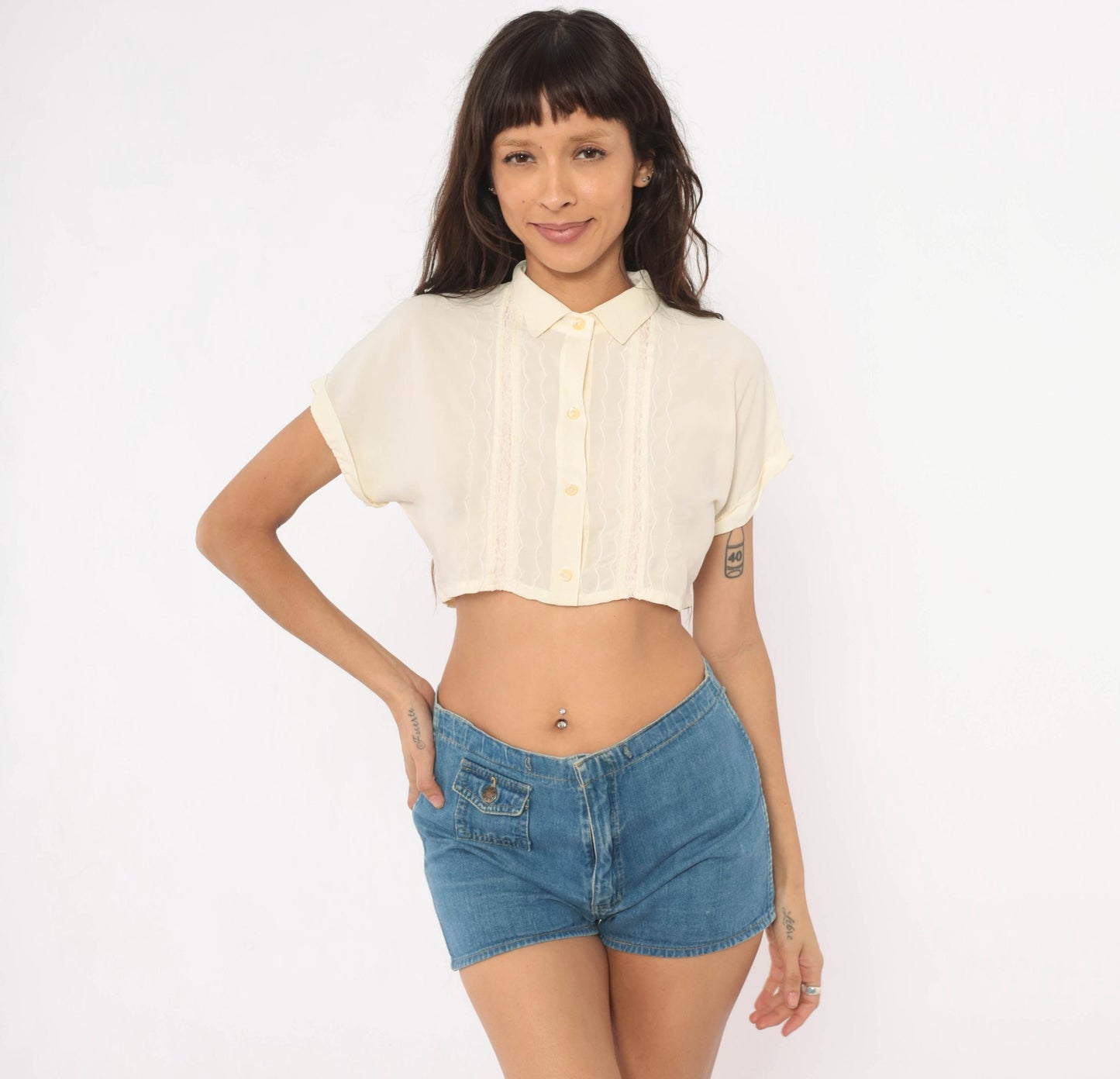 70s Caraco California Cream Crop Top Lace Pintuck Button Front Small