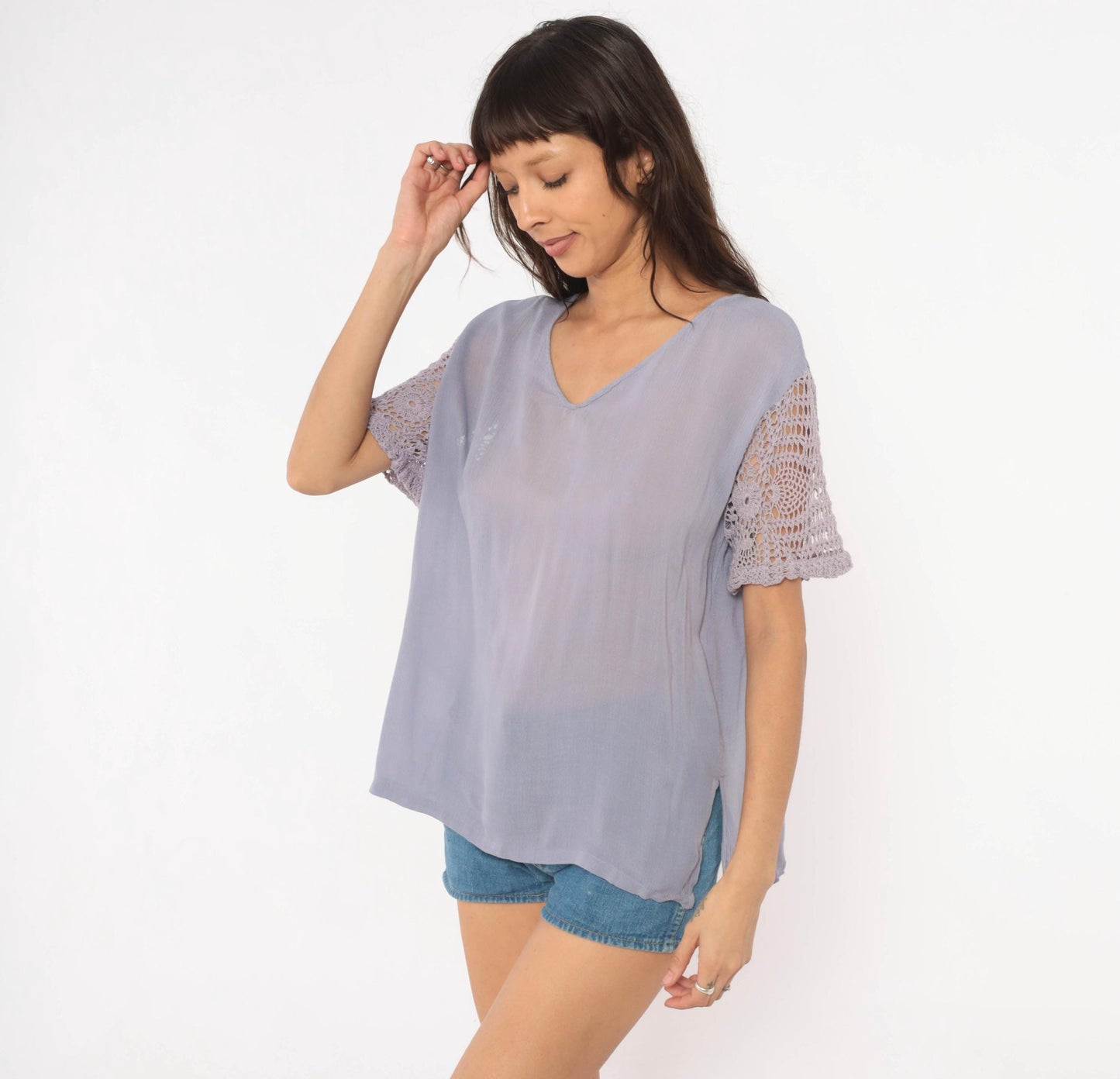 90s Marisol Lavender Crochet Sleeve Blouse Semi Sheer V-Neck Small