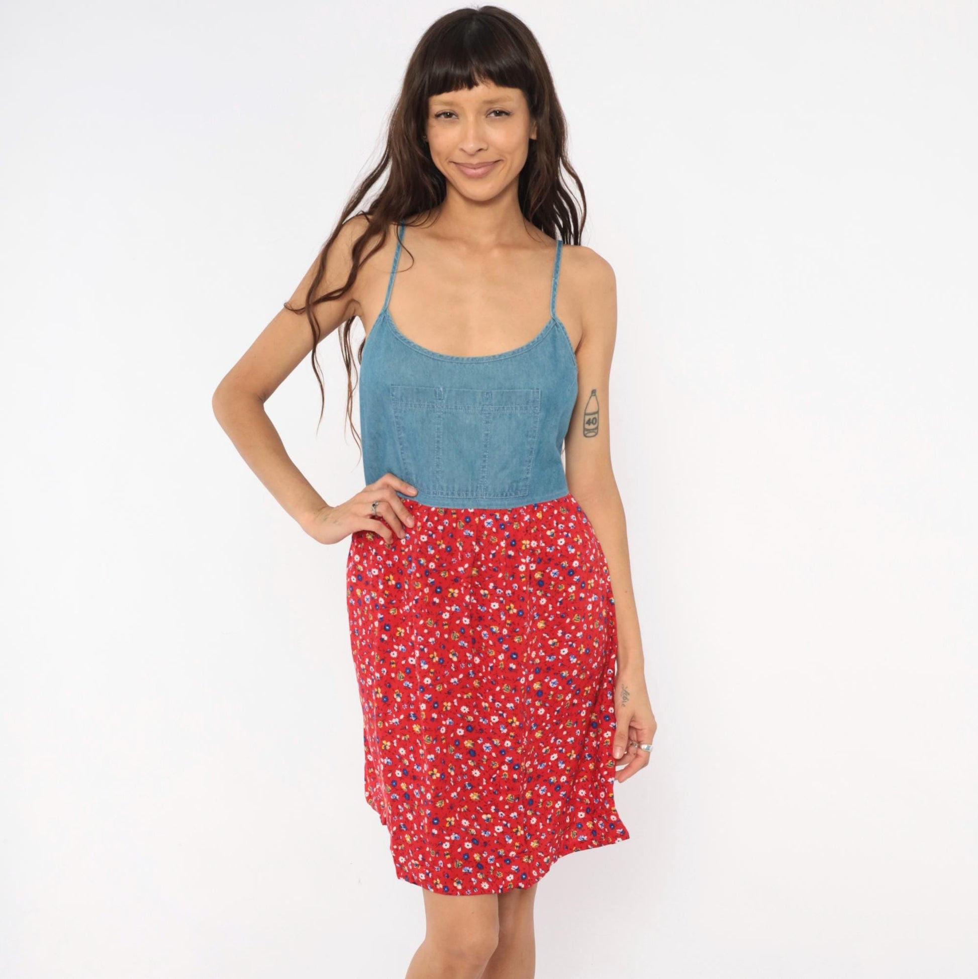 90s California Concepts Denim Floral Sundress Red Calico Mini Medium