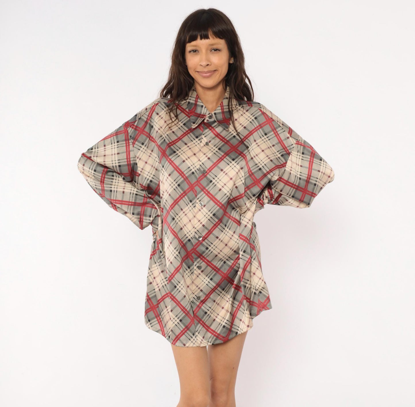 70s Monzini Plaid Button-Front Shirt Burgundy Pointed Collar Extra Large XL
