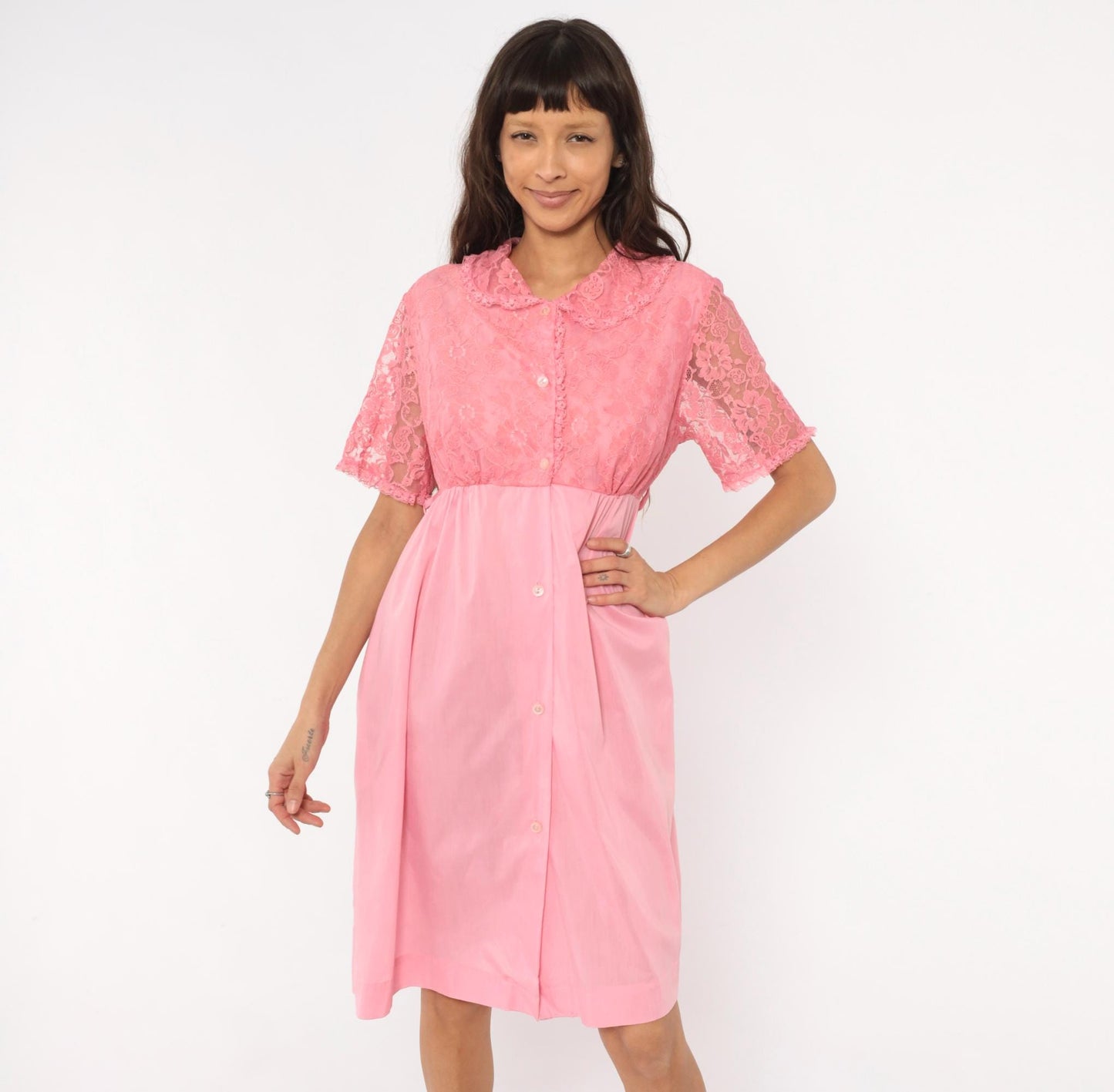 80s Pink Lace Housecoat Button Front Floral Nightgown Large L