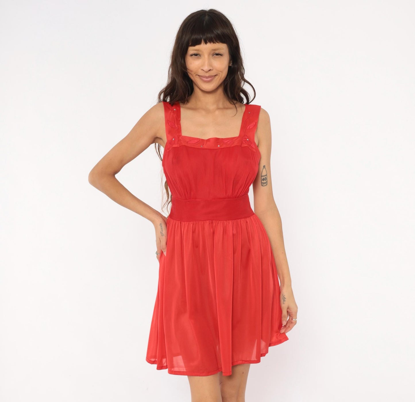 70s Red Babydoll Dress Satin Straps Embroidered Leaf Mini Nylon Medium M