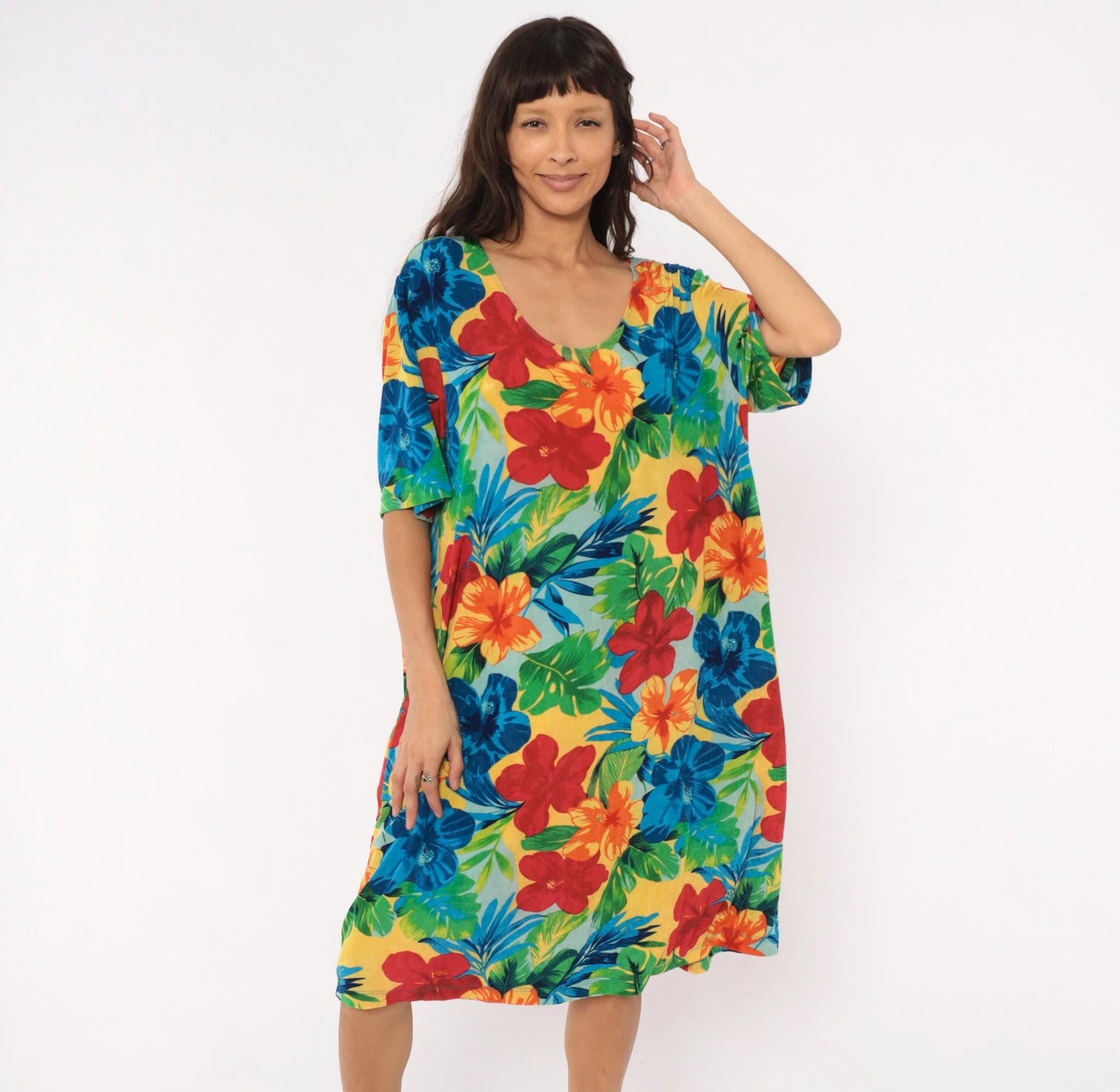 90s Slinky Brand Tropical Hibiscus Dress Scoop Neck Half Sleeve Plus Size XXL