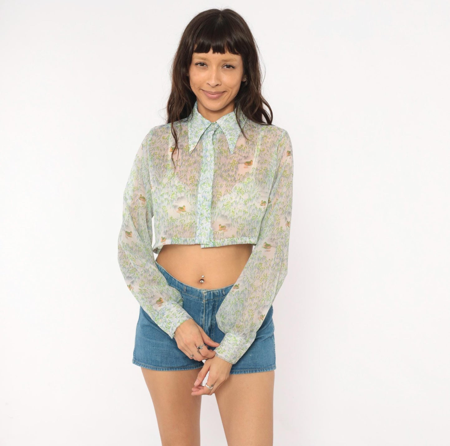 70s Tall Shop Cropped Sheer Blouse Pastoral Landscape Print Green Blue Small Medium