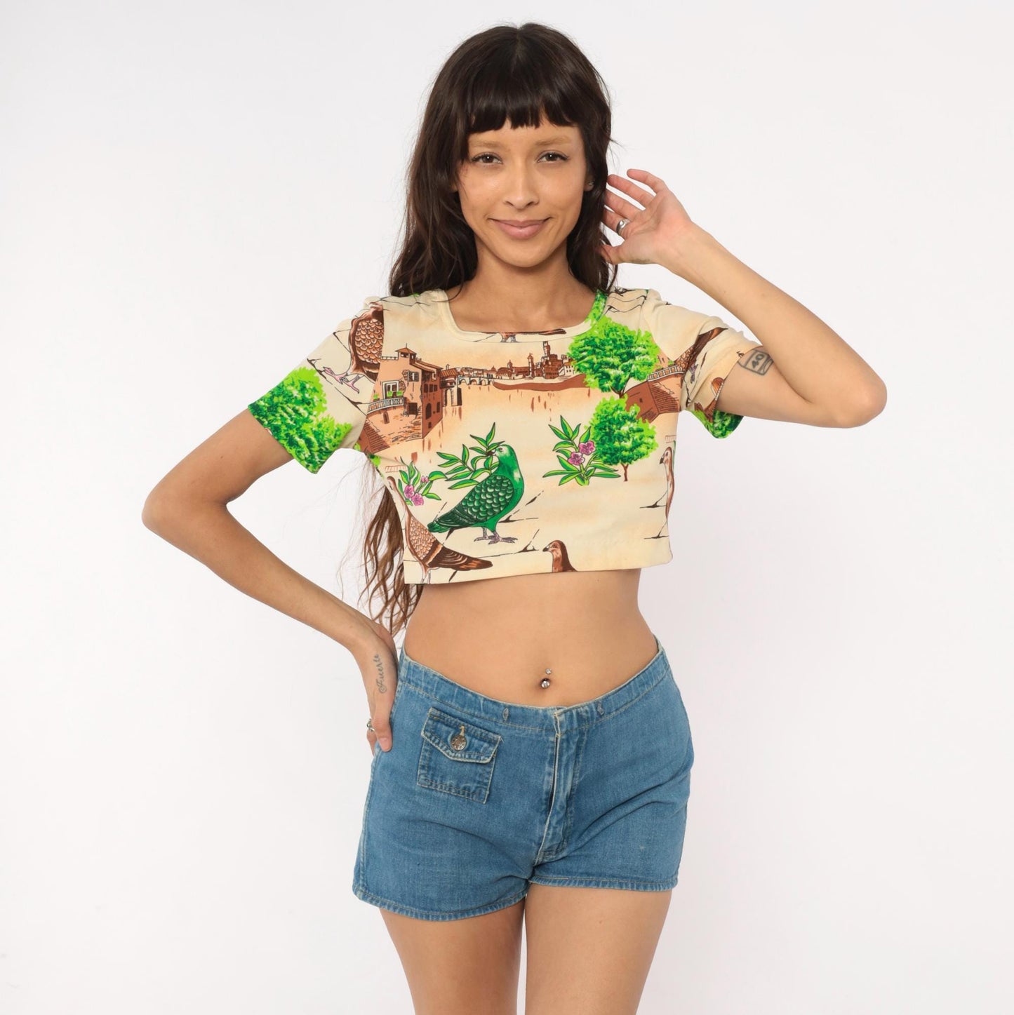 70s Pigeon Crop Top Novelty Bird Print Scoop Neck Fitted Small