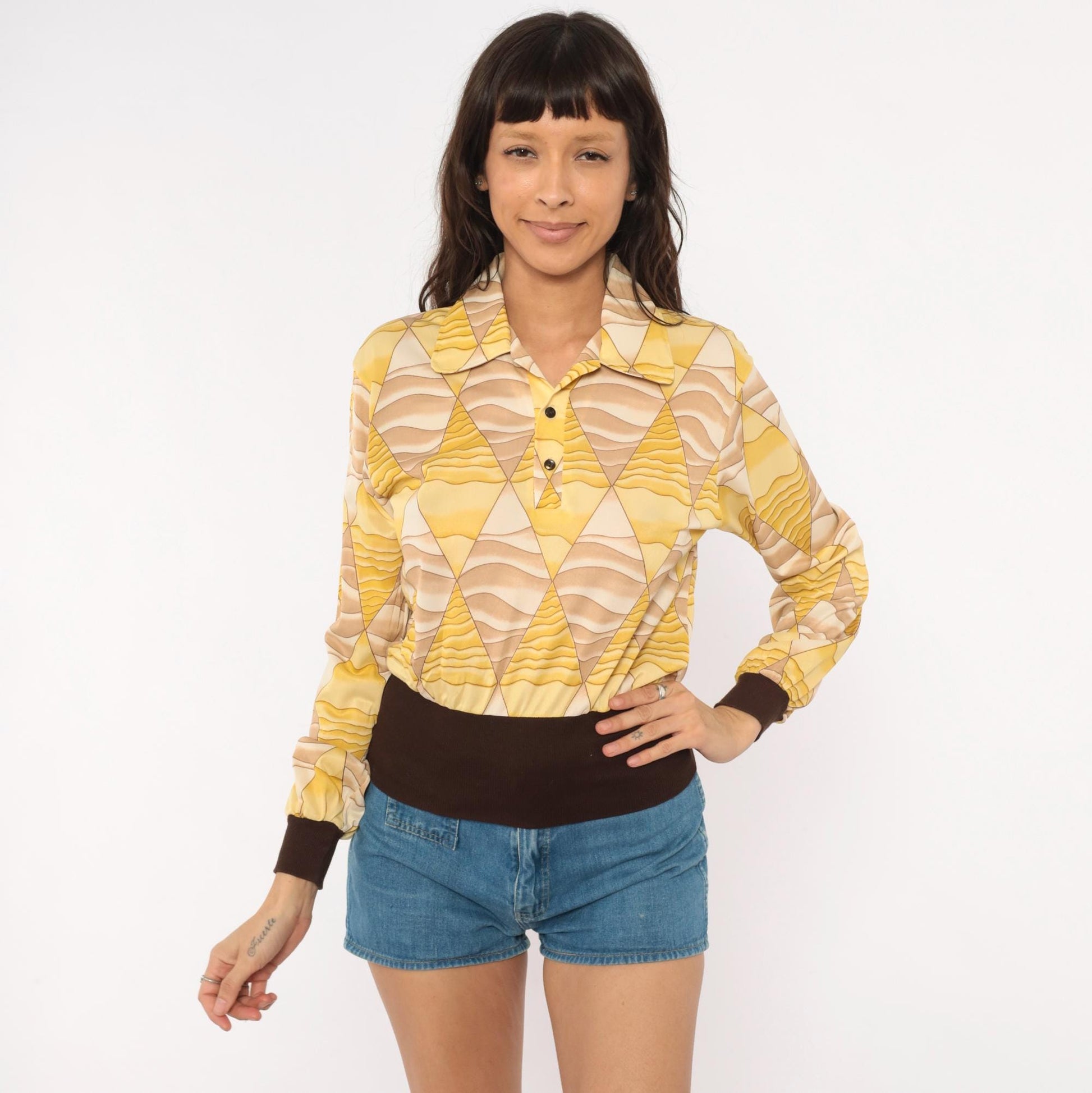 70s Diamond Harlequin Polo Blouse Yellow Beige Long Sleeve Small