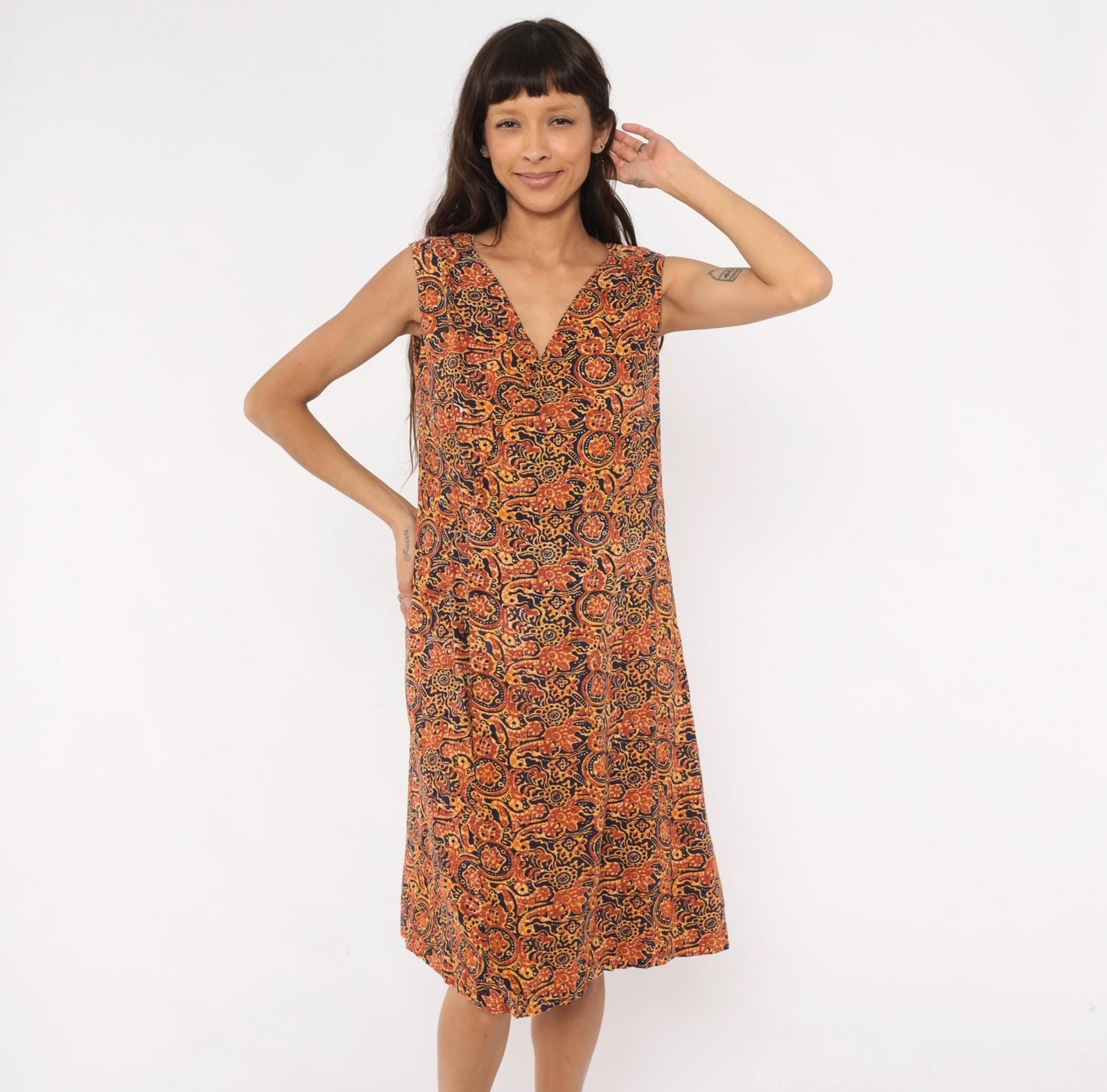 70s Batik Sundress Navy Rust Brown Paisley Floral Cotton V-Neck Medium M