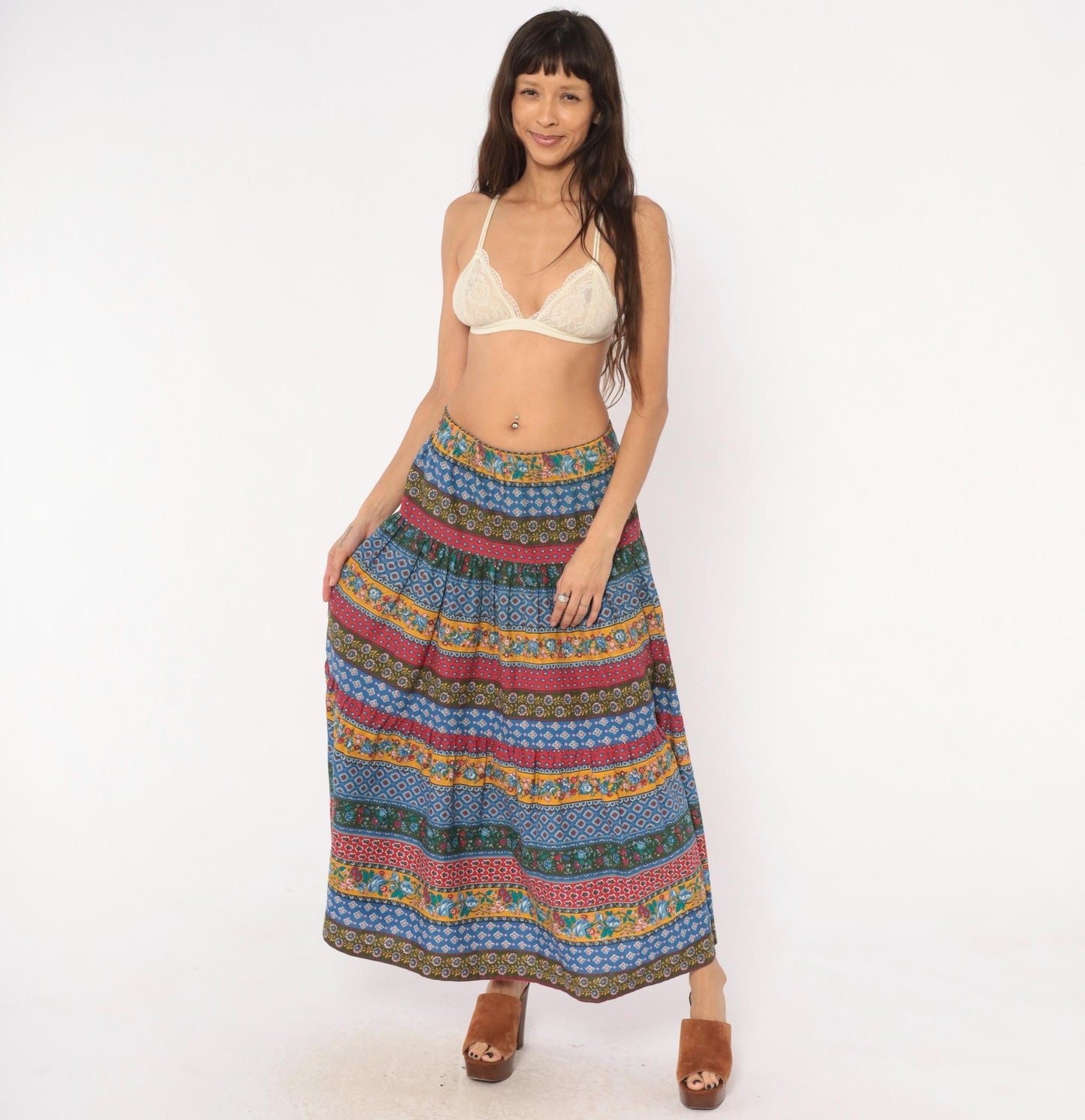 80s Anne Marie Patchwork Tiered Maxi Skirt Floral Striped Cotton Medium M