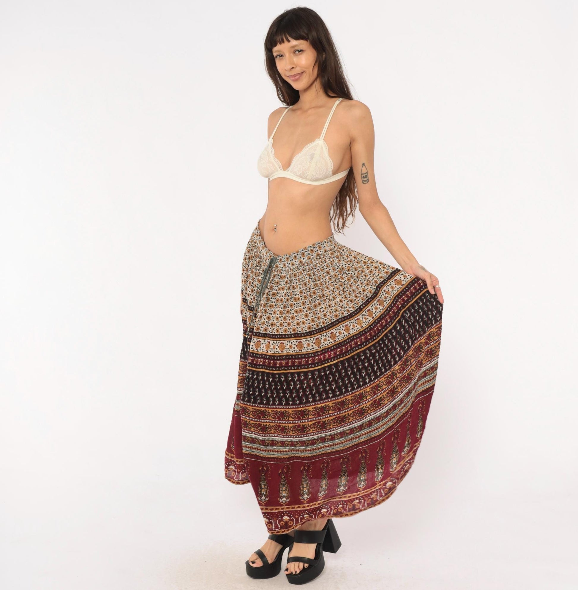 90s Sag Harbor Indian Block Print Maxi Skirt Burgundy Paisley Drawstring Large L