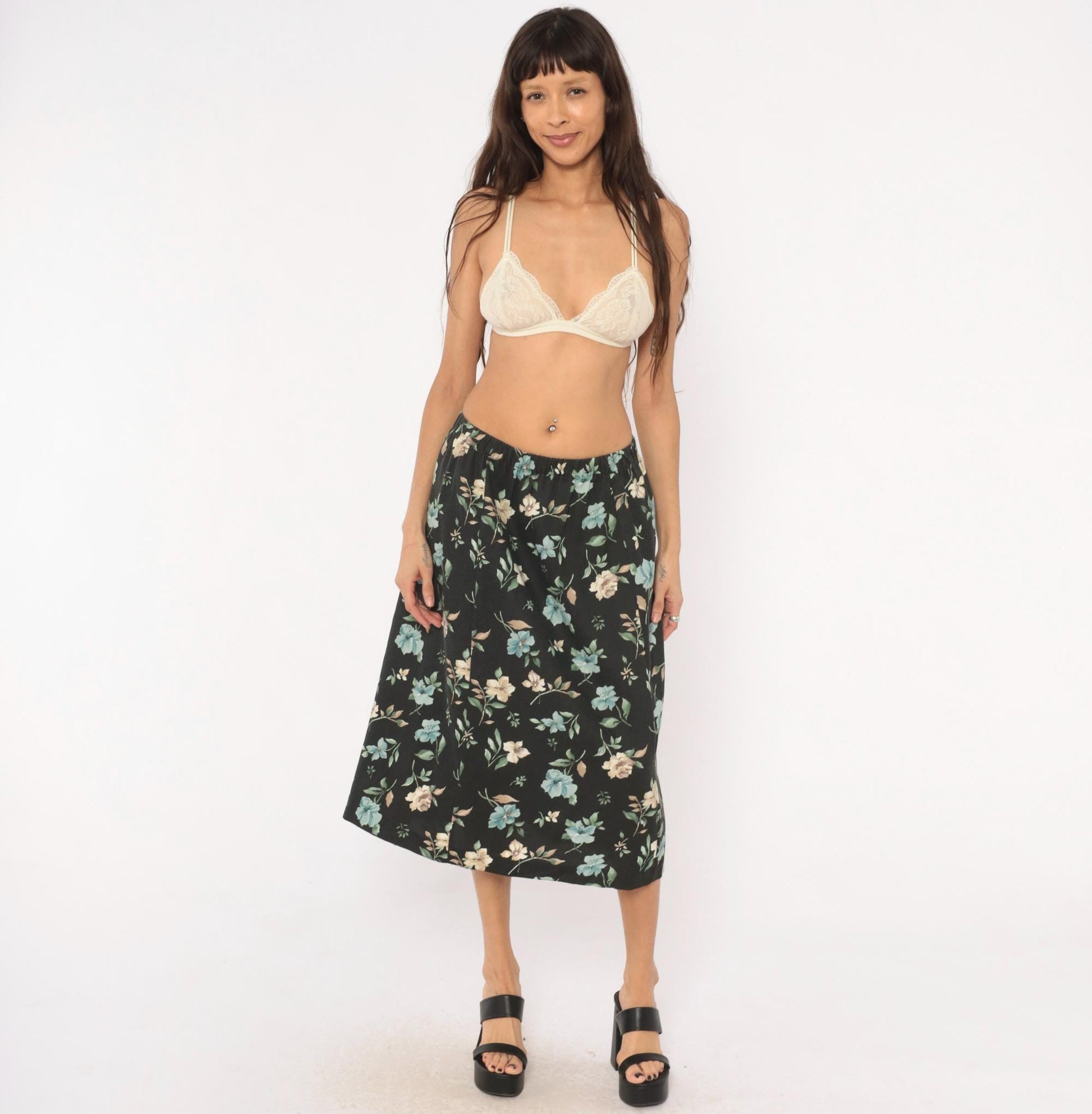 80s Blair Floral Midi Skirt Black Botanical Print Sage Green Medium