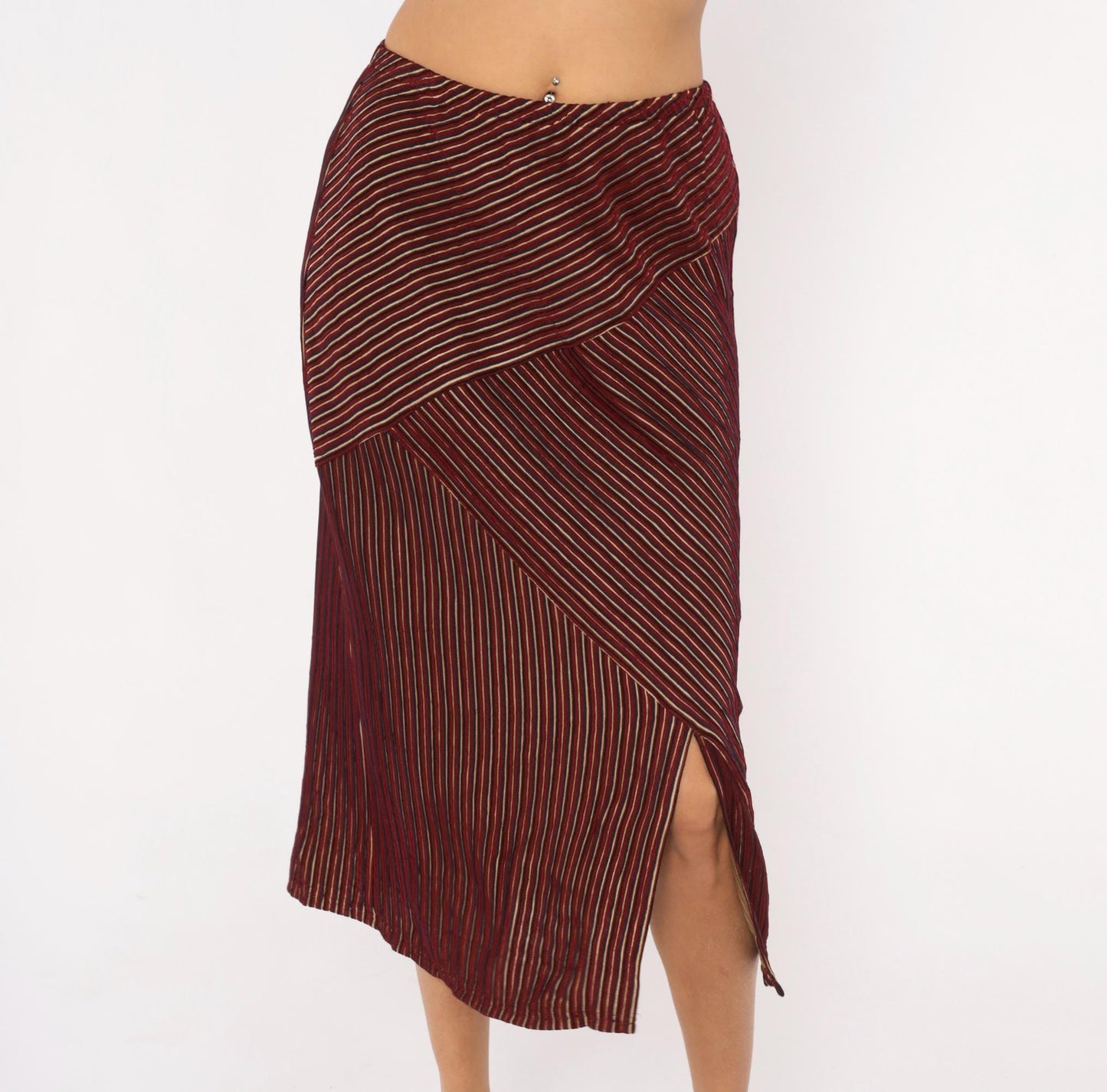 80s Gail Morgado Burgundy Pinstripe Midi Skirt Chevron Panel Small