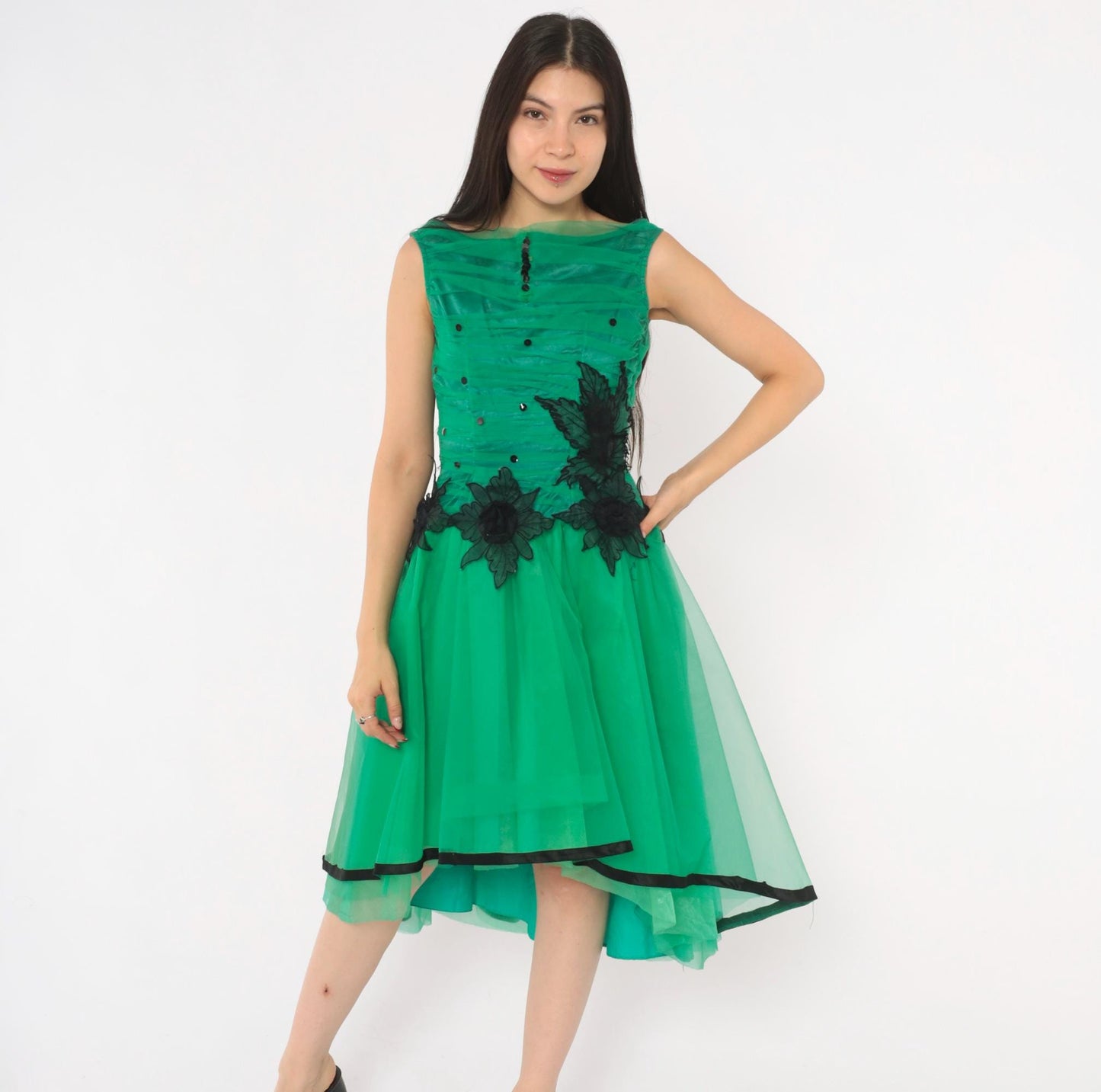 80s Emerald Green Fit Flare Party Dress Sequin Tulle High-Low Black Floral XS