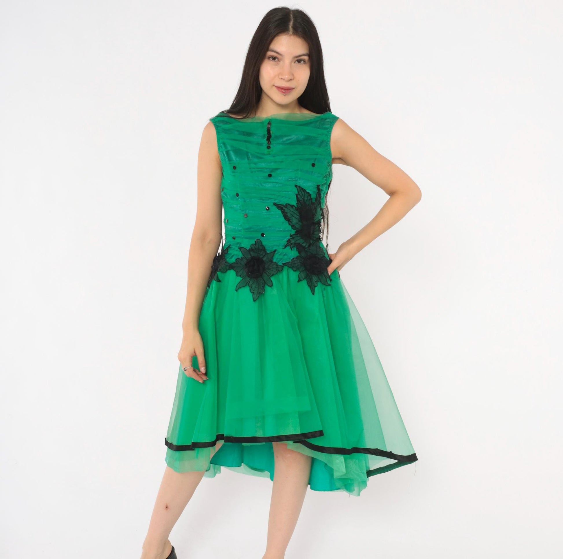 80s Emerald Green Fit Flare Party Dress Sequin Tulle High-Low Black Floral XS