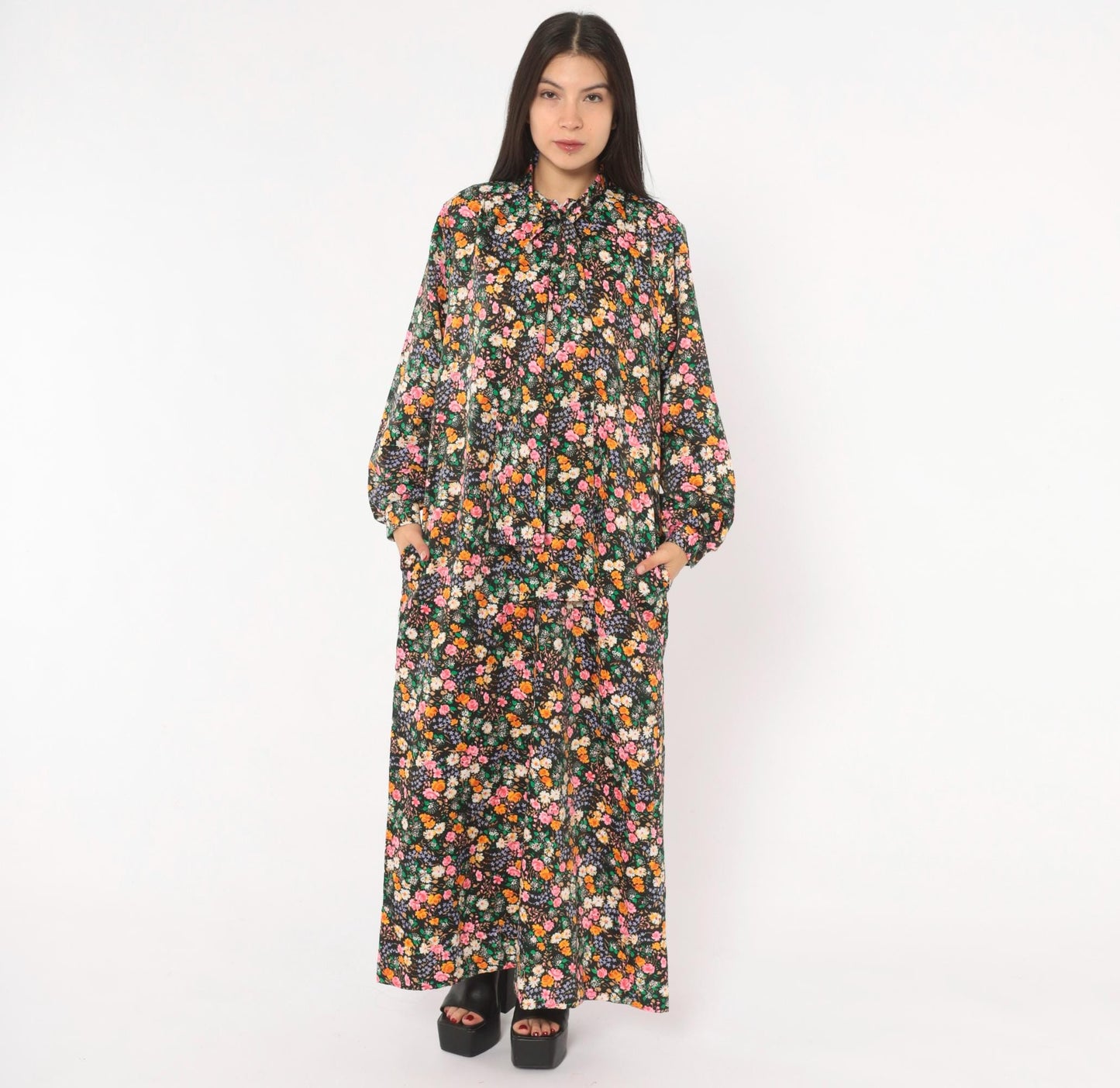 70s Atkins Black Floral Maxi Dress Bell Sleeve Bow Neck Garden Print Medium M