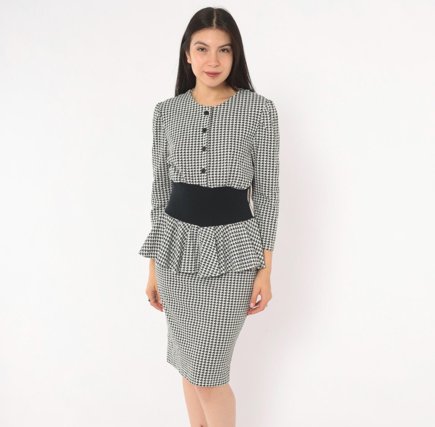 90s Breakin' Loose Houndstooth Peplum Dress Black White Check Small