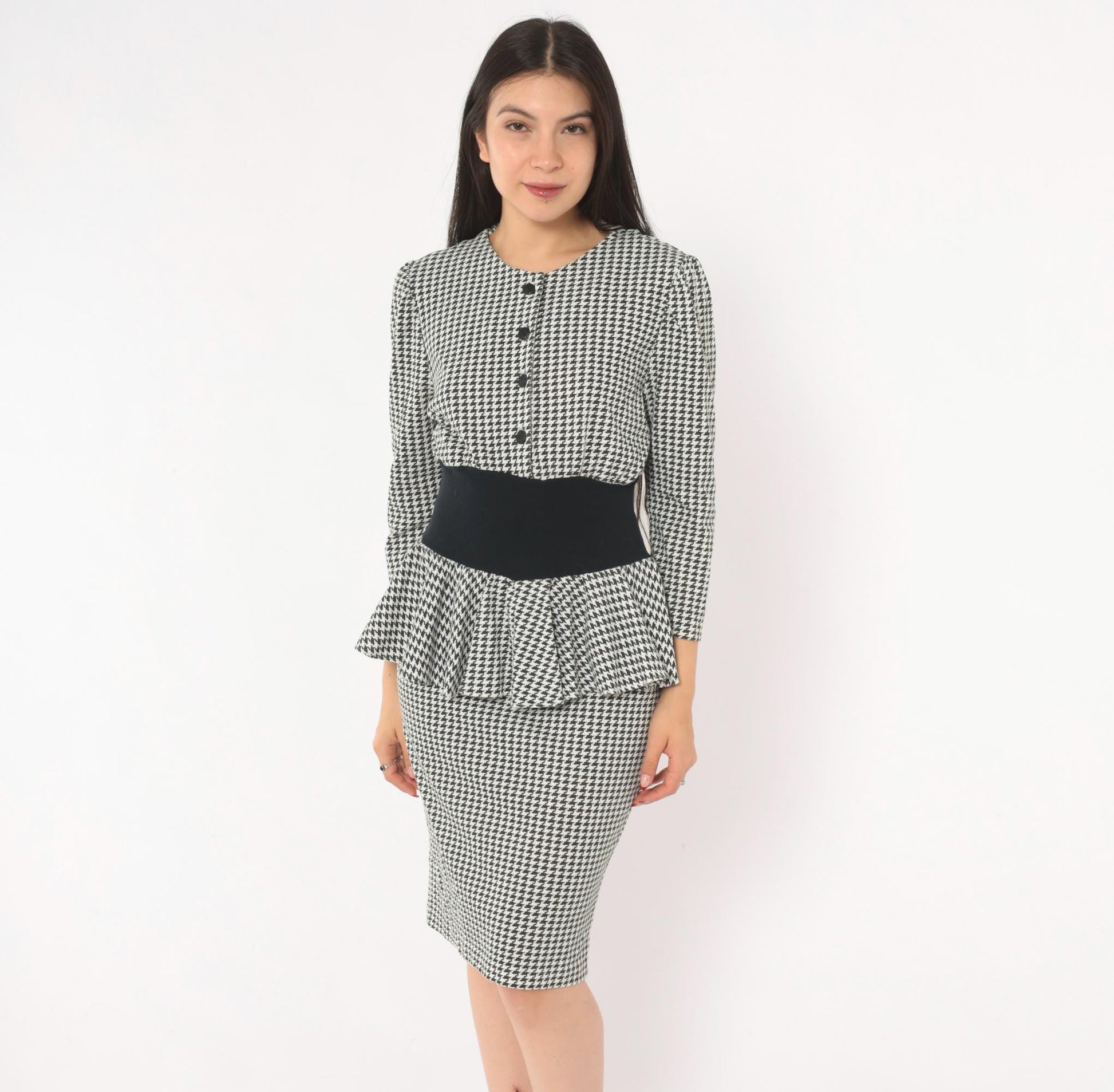 90s Breakin' Loose Houndstooth Peplum Dress Black White Check Small