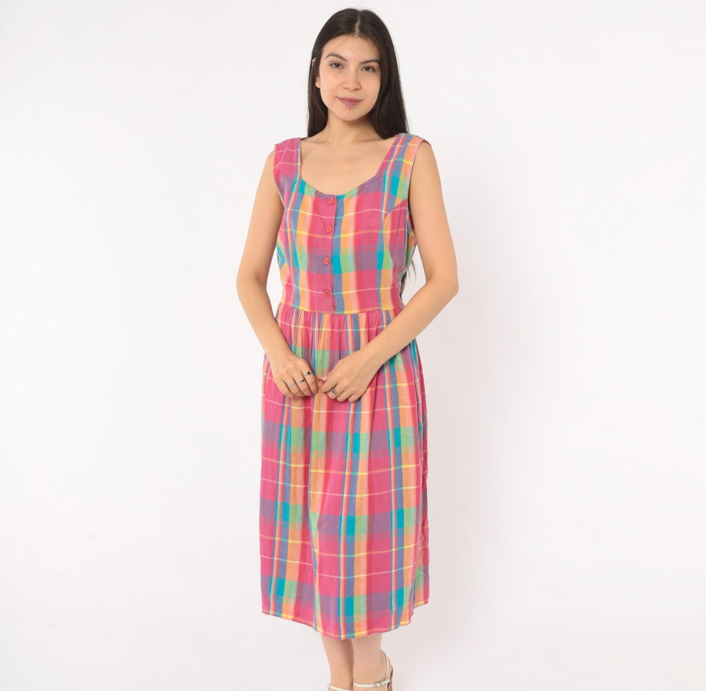 90s Madras Plaid Sundress Pink Turquoise Cotton Button Front Mid-Calf Medium M