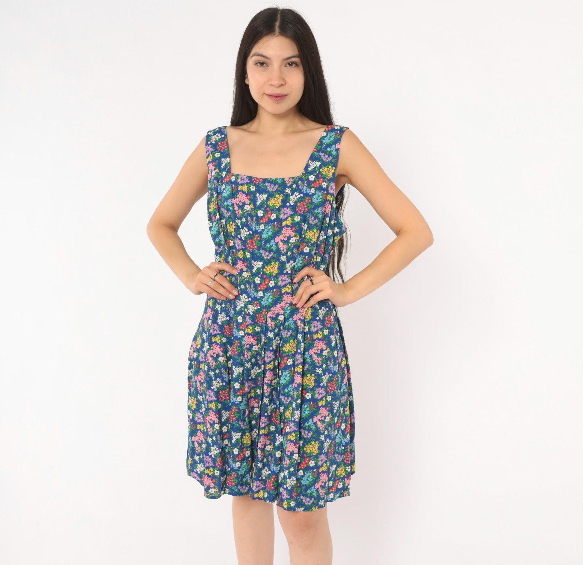 90s Liz Claiborne Floral Sundress Blue Pink Garden Print Mini Medium M