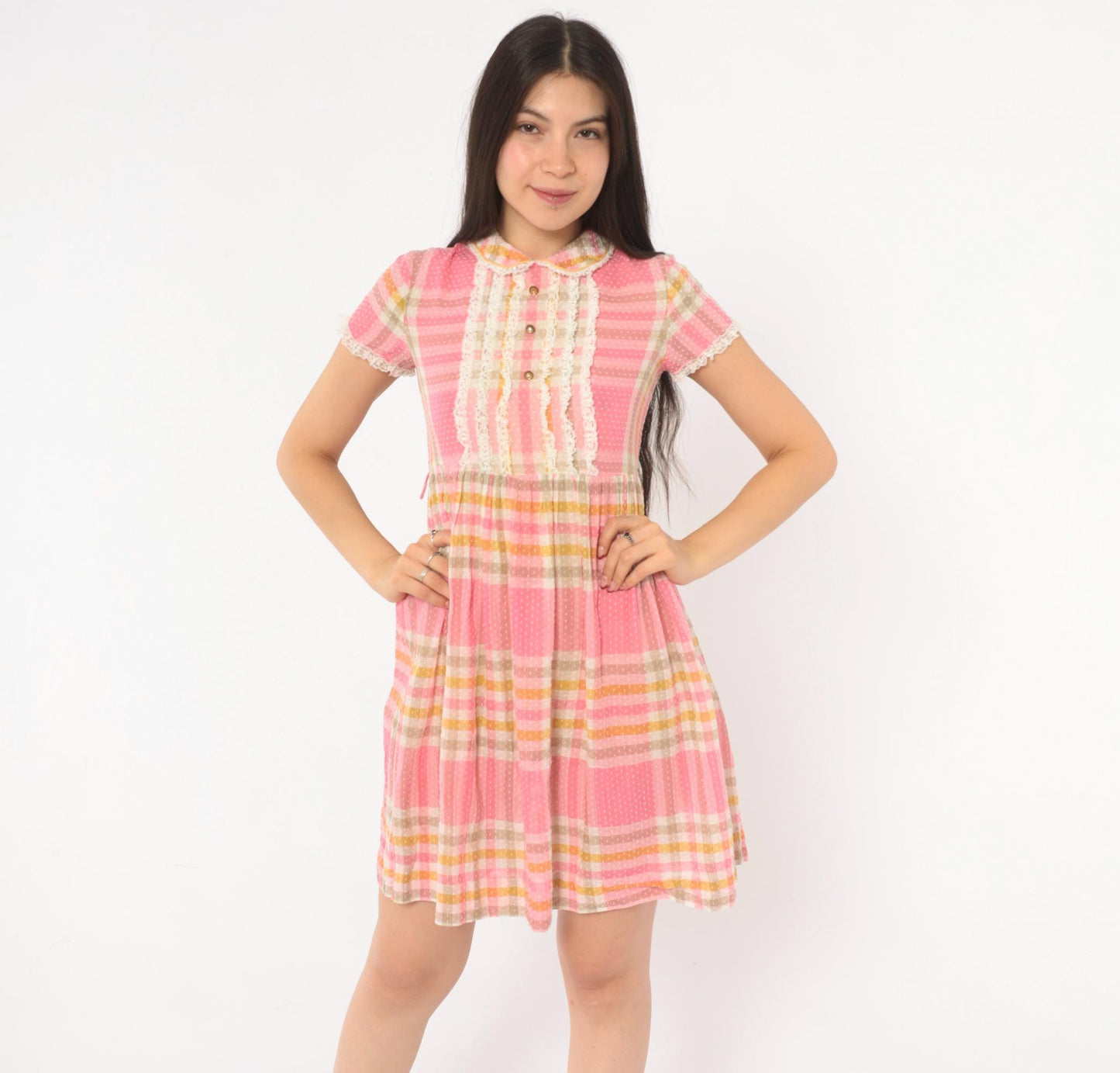 70s Pink Plaid Babydoll Dress Peter Pan Collar Lace Bib Mini XXS