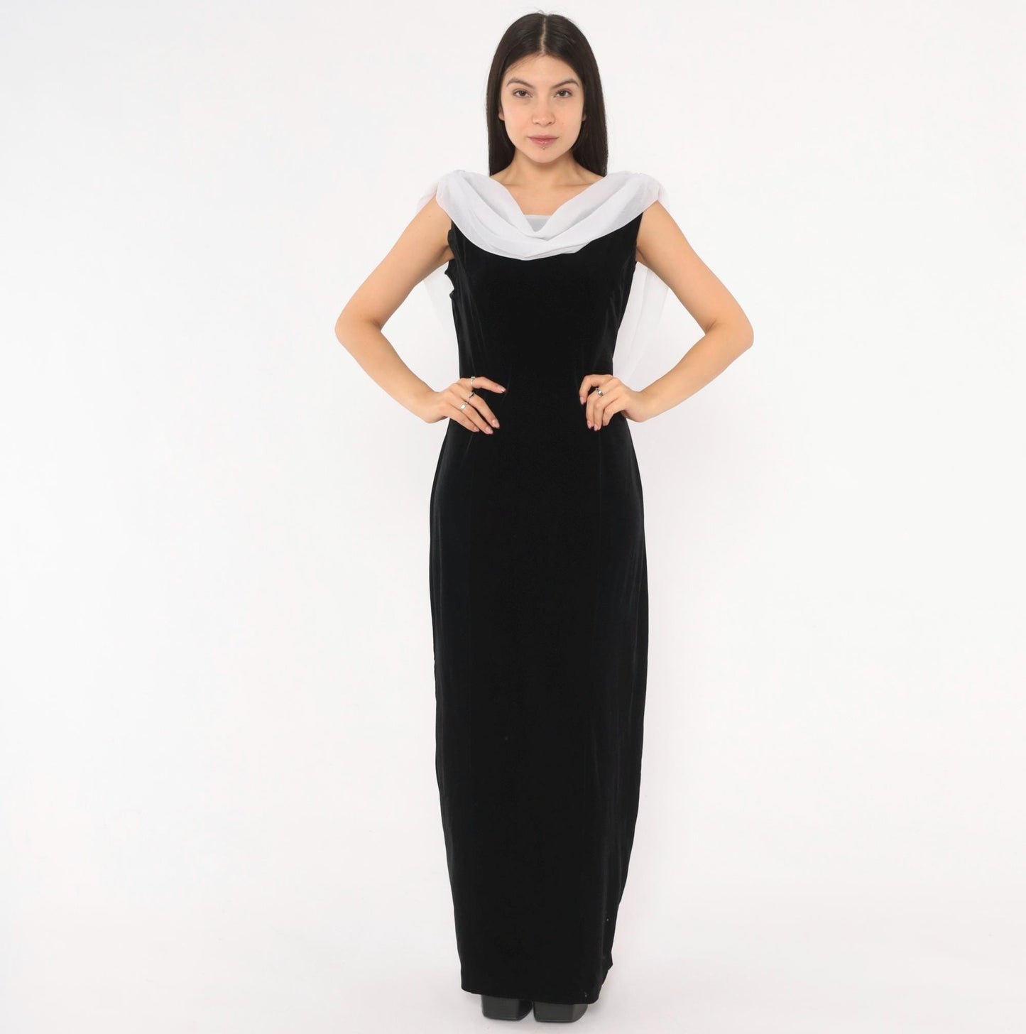 90s Night Way Black Velvet Column Gown White Chiffon Cowl Open Back Floor Length Large L
