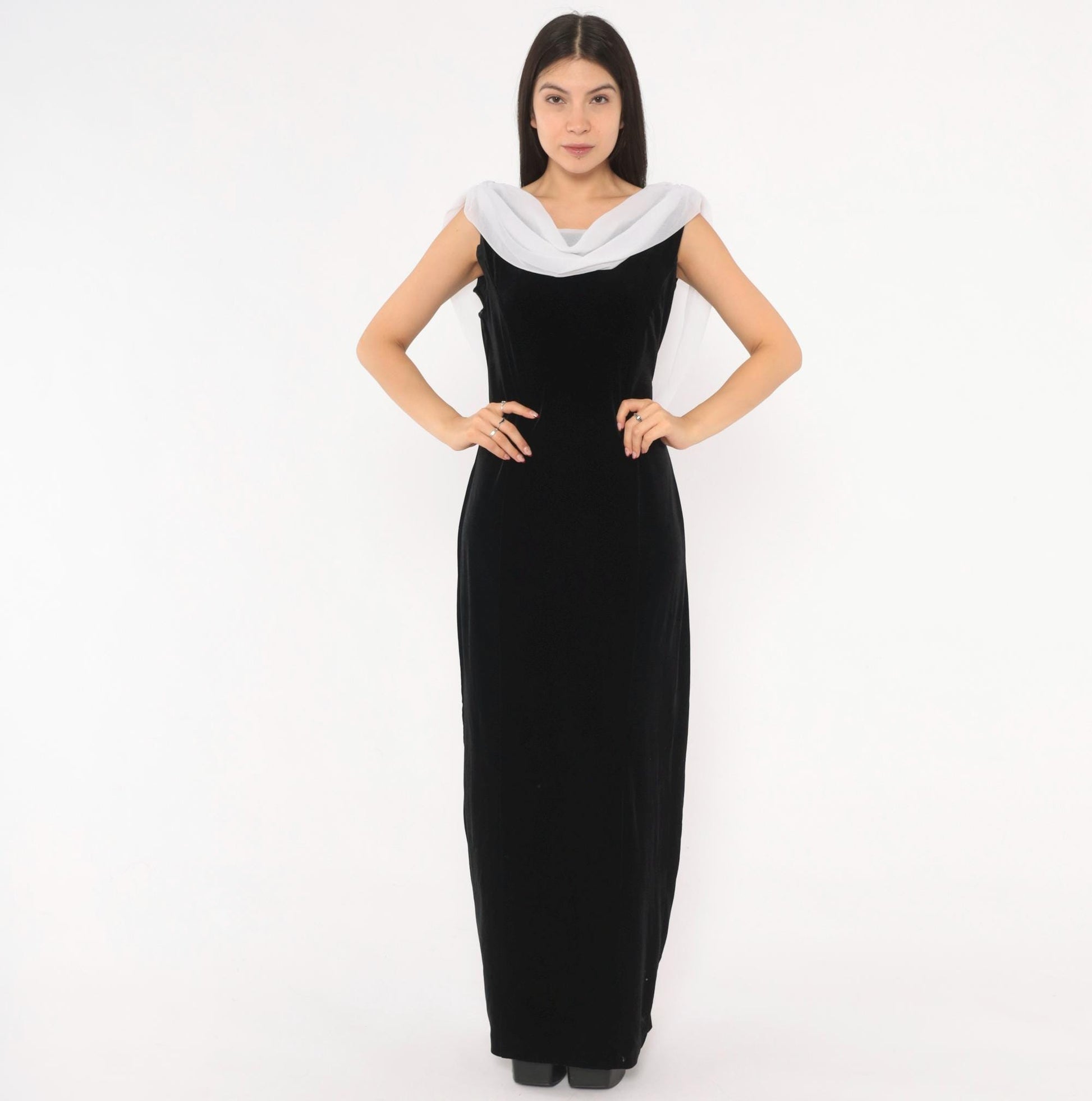 90s Night Way Black Velvet Column Gown White Chiffon Cowl Open Back Floor Length Large L