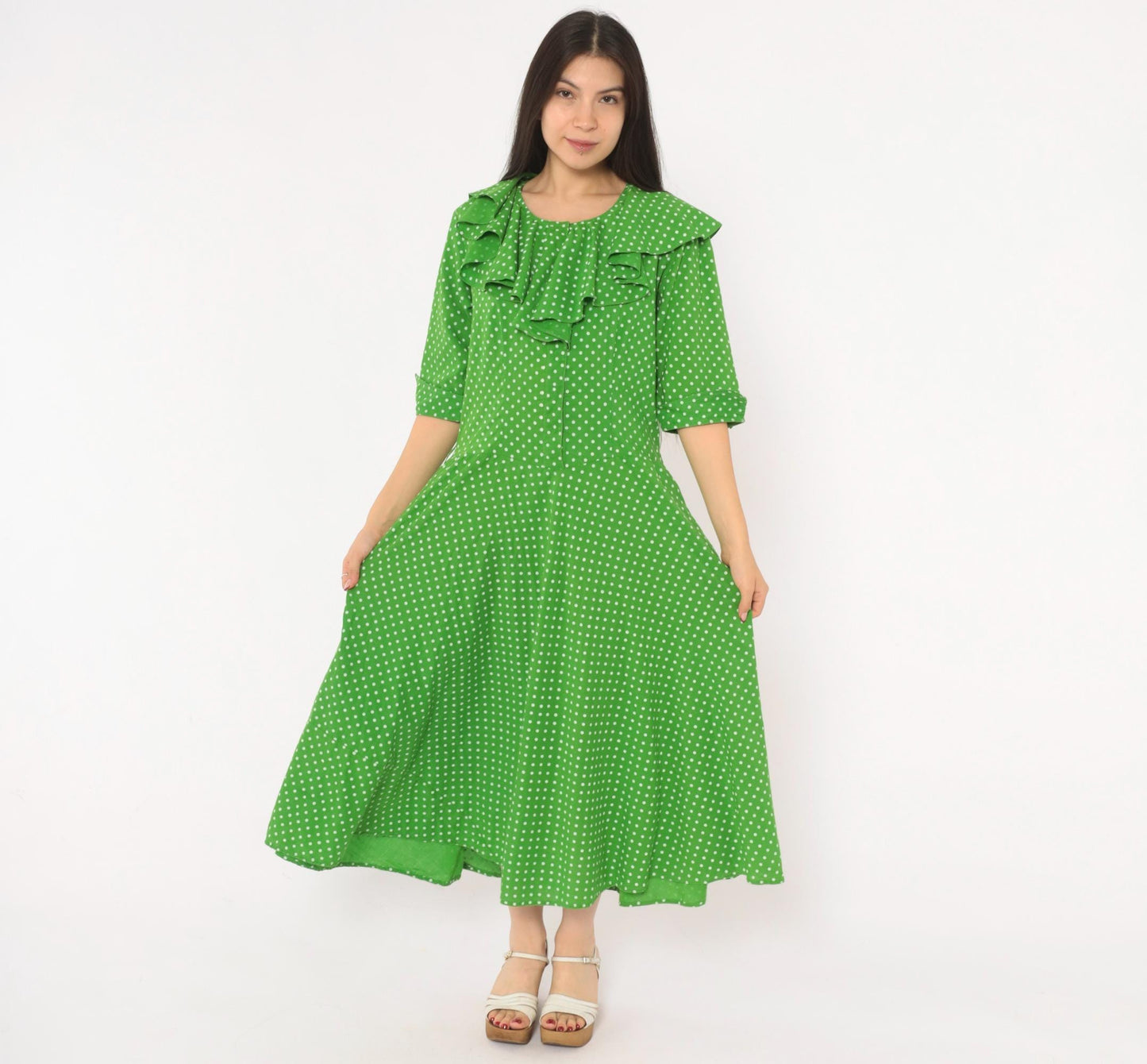 2000s Green White Polka Dot Cotton Midi Dress Ruffle Collar Puff Sleeve Large L