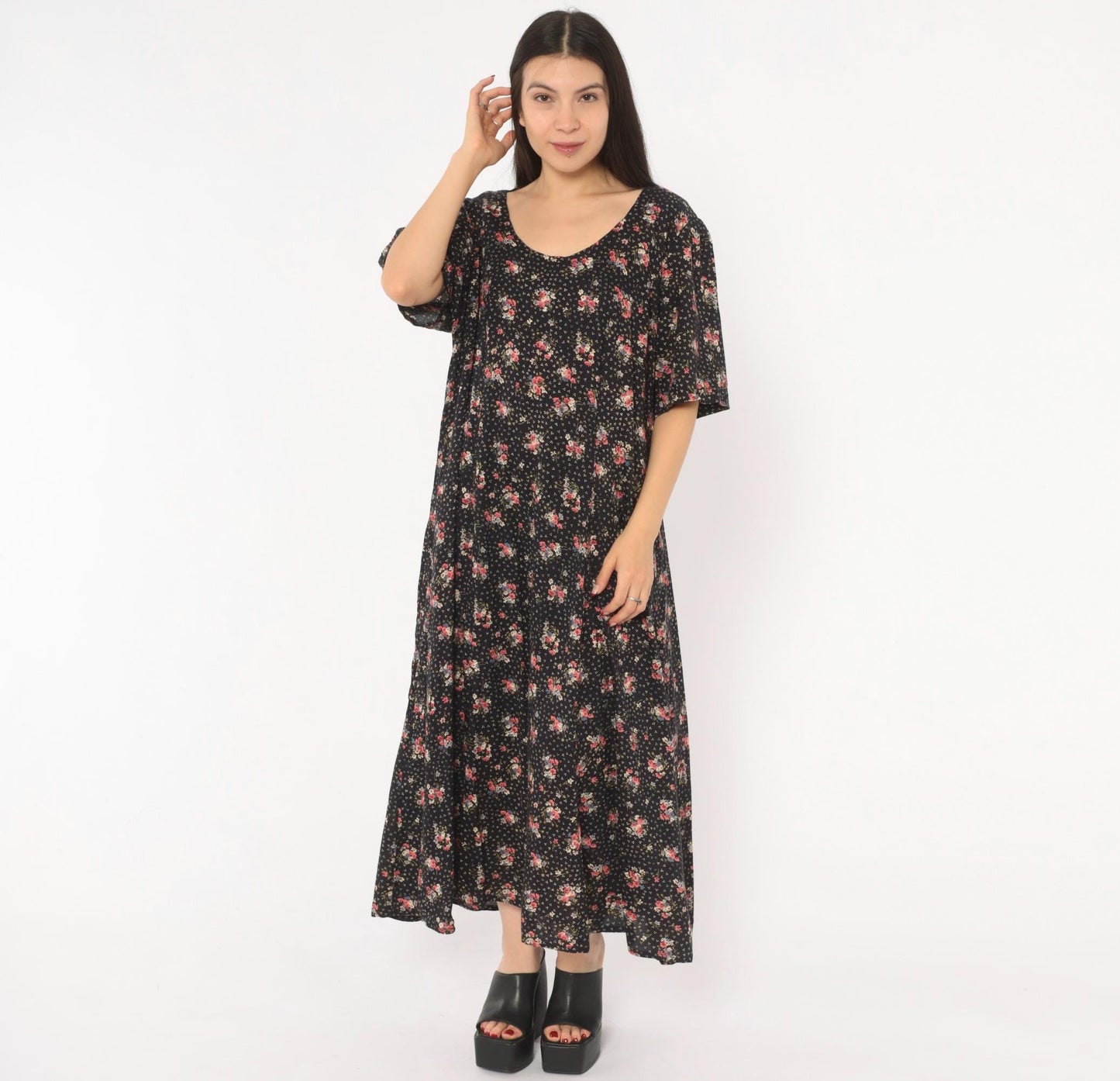 90s Jamie Brooke Black Floral Maxi Dress Pink Blue Scoop Neck Medium M