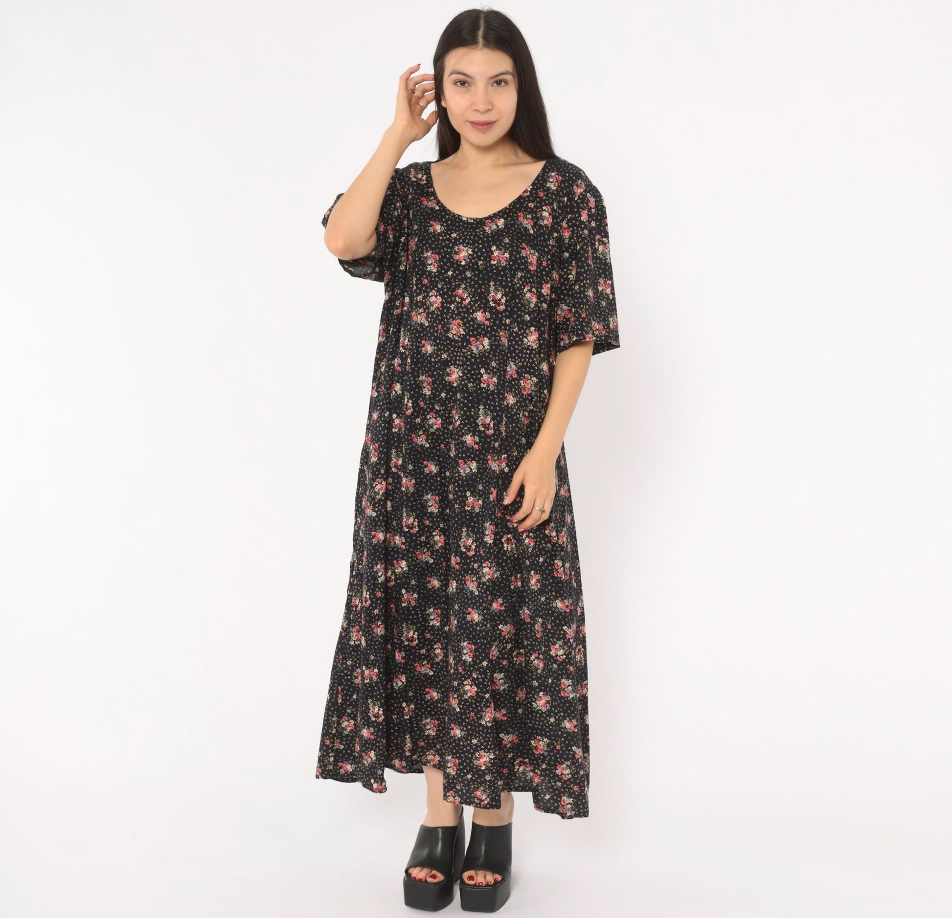 90s Jamie Brooke Black Floral Maxi Dress Pink Blue Scoop Neck Medium M