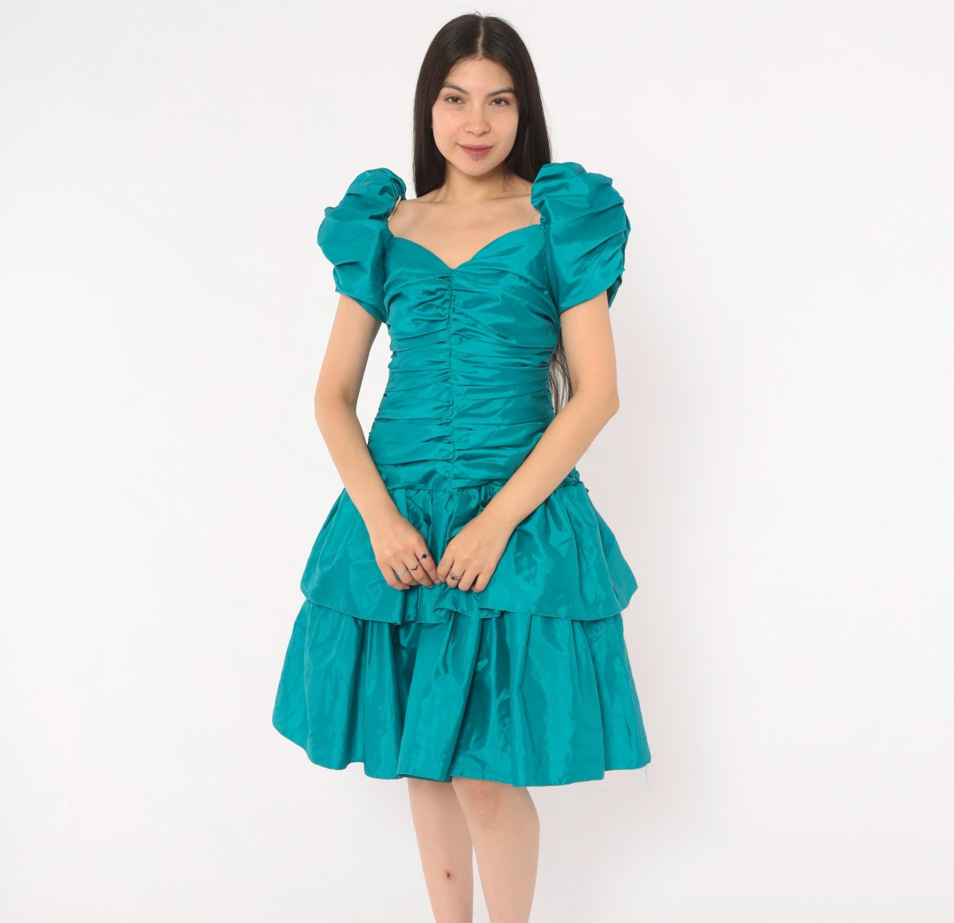 80s Teal Prom Dress Puff Sleeve Sweetheart Neckline Tiered Ruffle Skirt Small S