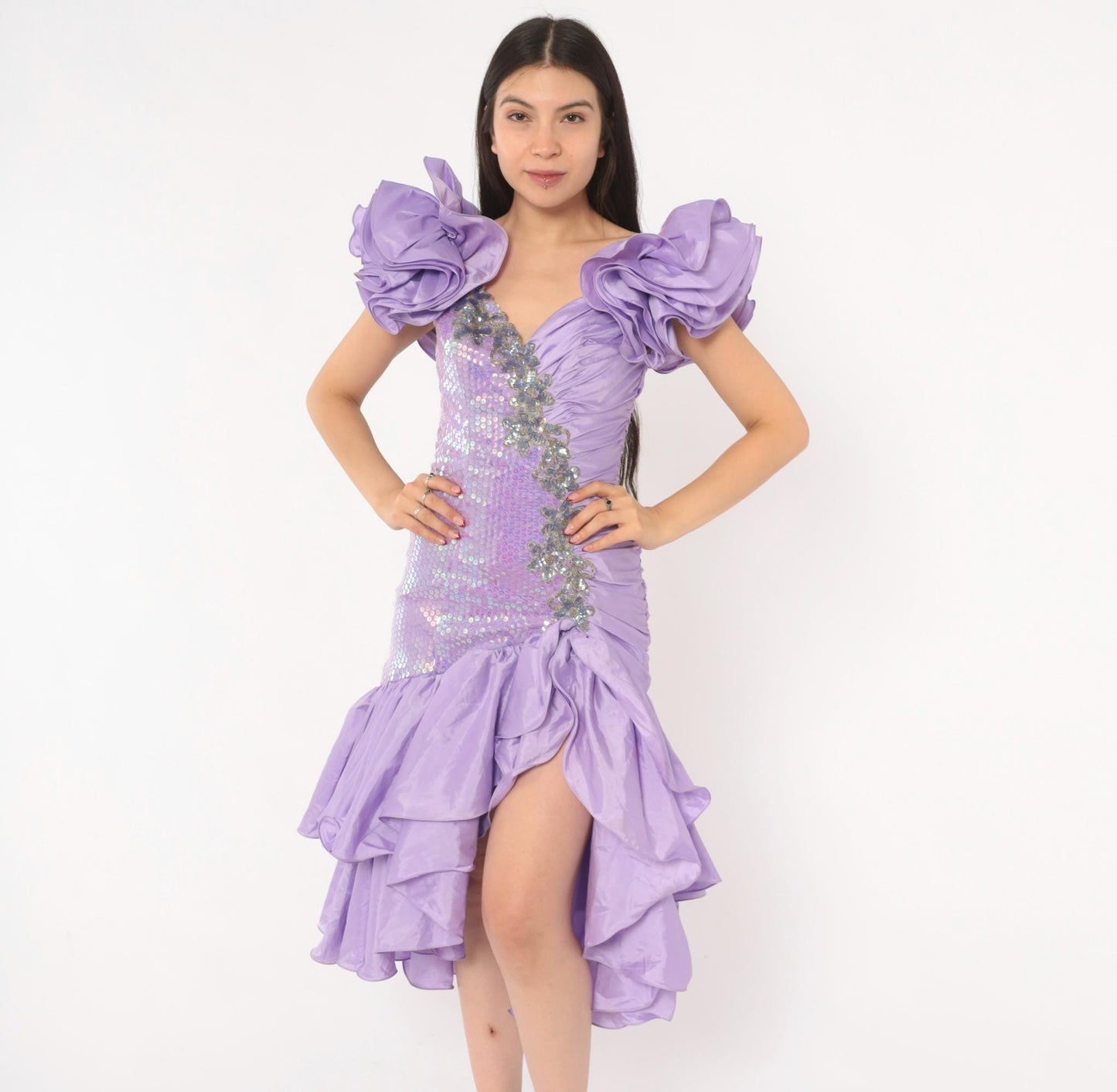 80s Alyce Designs Lilac Sequin Prom Dress Sweetheart Neckline Mermaid Hem Extra Small XS