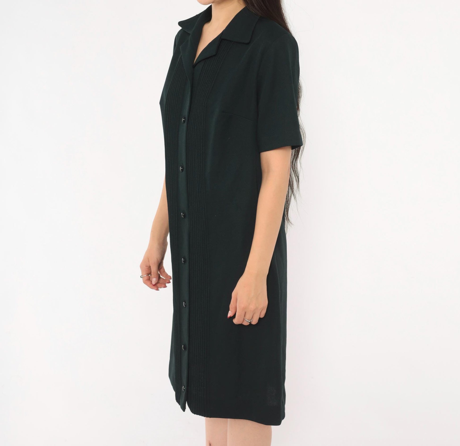 70s Black Pintuck Shirtdress Button Front Notched Collar Knee Length Large L