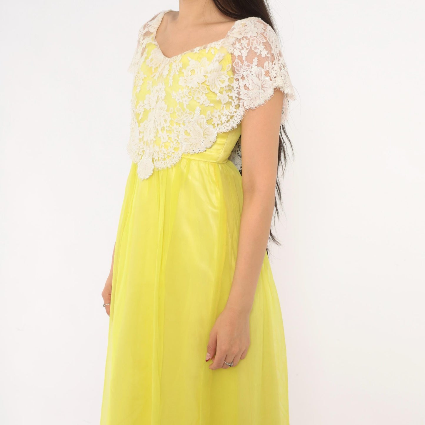 70s Yellow Chiffon Maxi Dress White Lace Overlay Empire Waist V Neck Extra Small XS