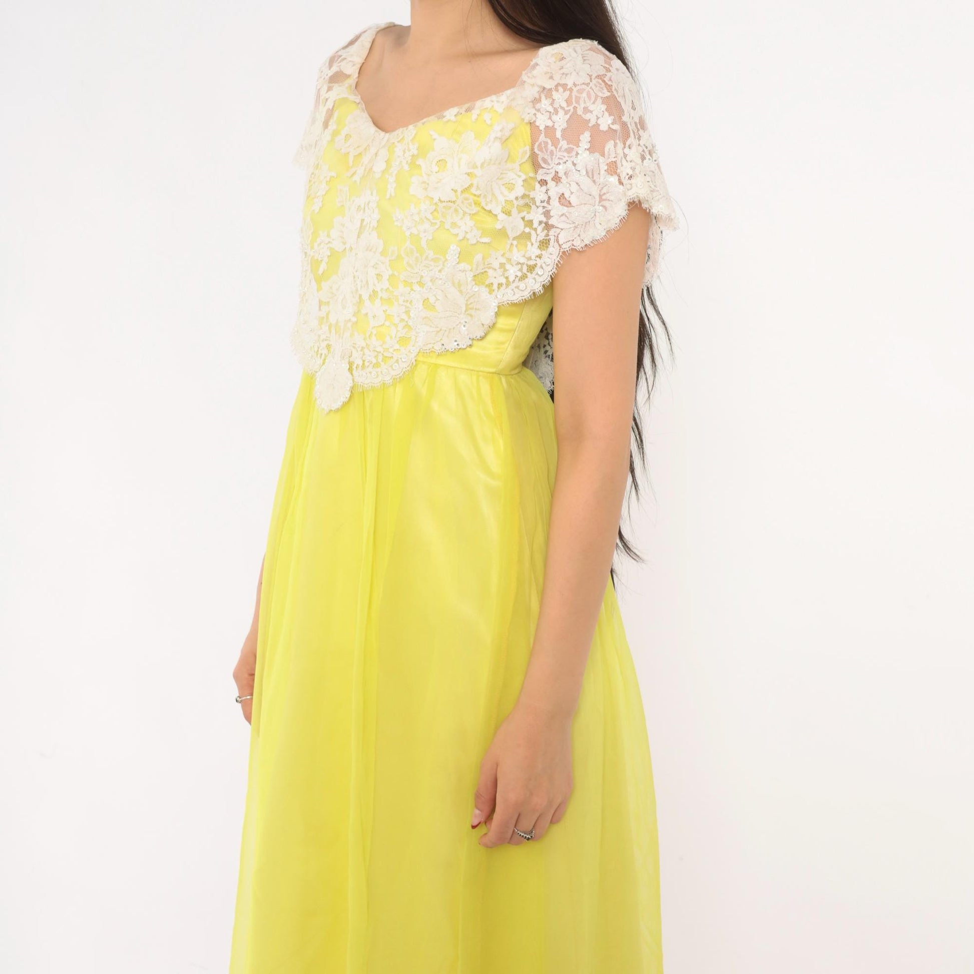 70s Yellow Chiffon Maxi Dress White Lace Overlay Empire Waist V Neck Extra Small XS