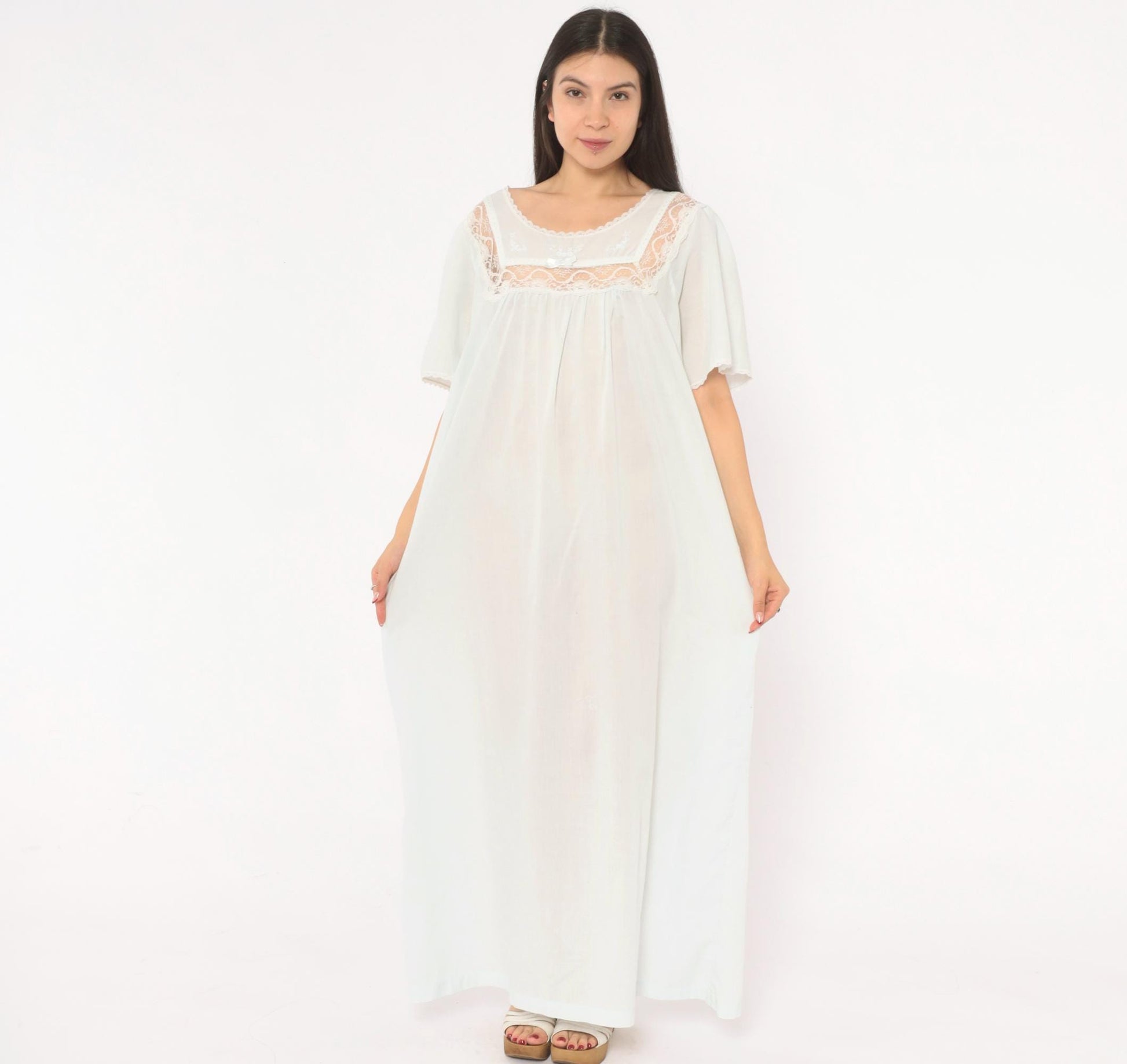 80s Barbizon Pale Blue Maxi Nightgown Lace Yoke Embroidered Puff Sleeve Large L