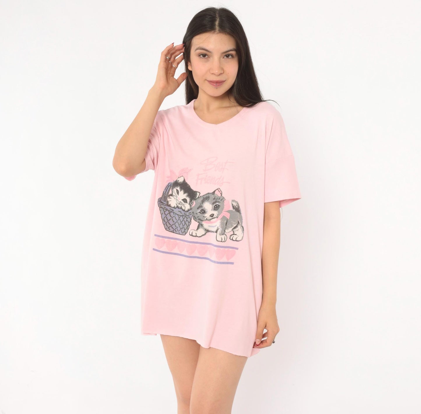 90s Best Friends Kitten Pink Sleep Shirt Cotton Graphic Tee One Size