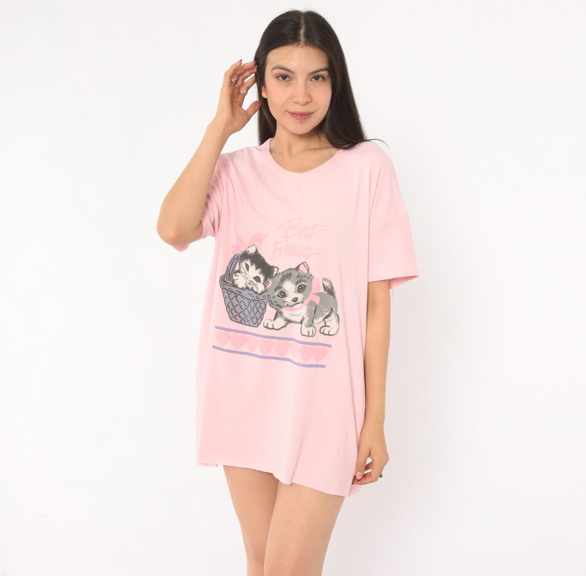 90s Best Friends Kitten Pink Sleep Shirt Cotton Graphic Tee One Size