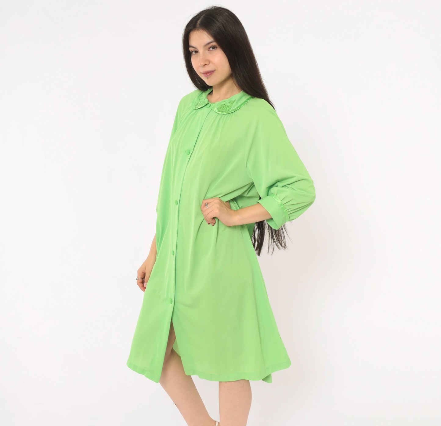 70s Mint Green Button-Front Housecoat Peter Pan Collar Satin Trim Large L