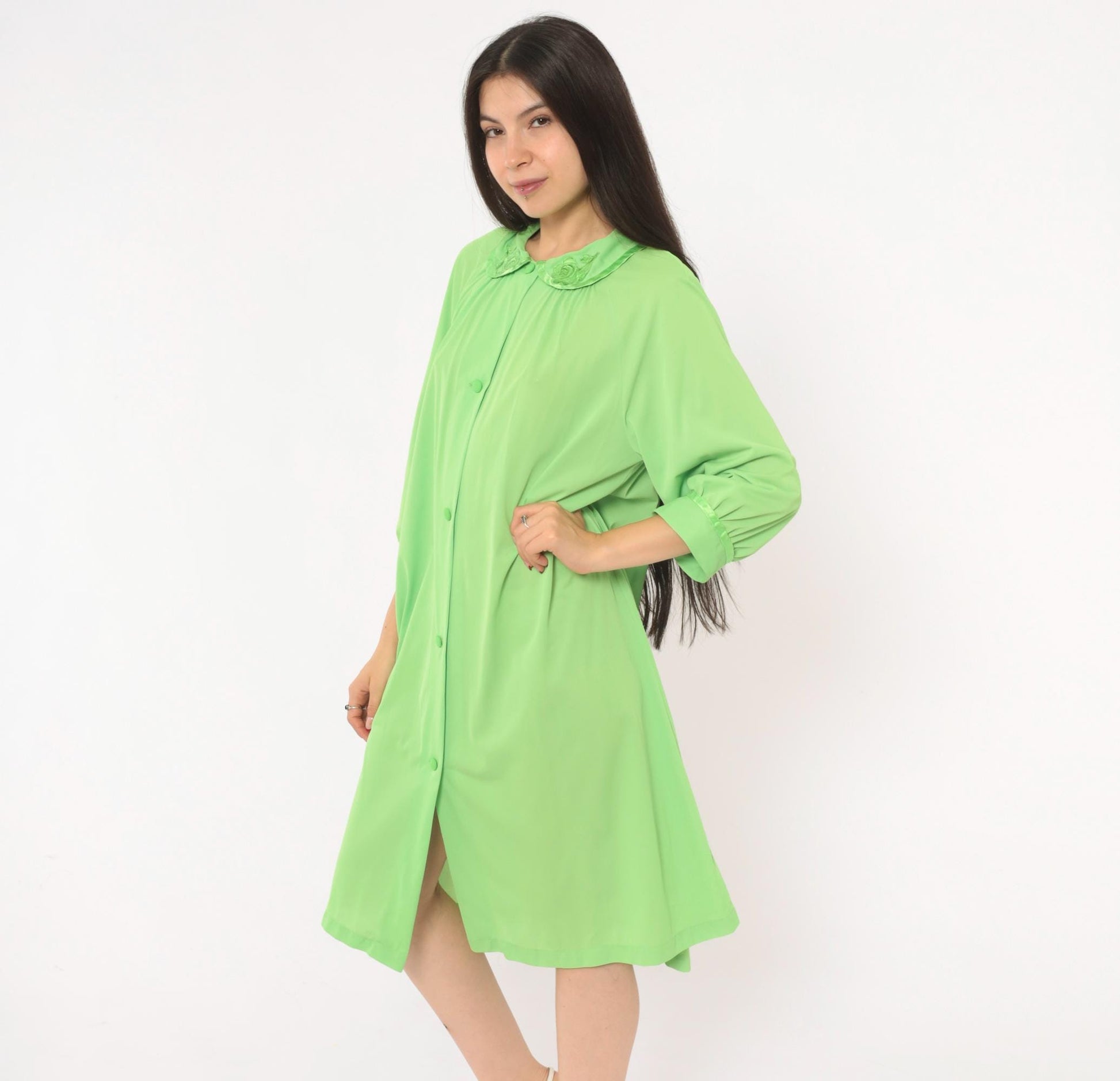 70s Mint Green Button-Front Housecoat Peter Pan Collar Satin Trim Large L