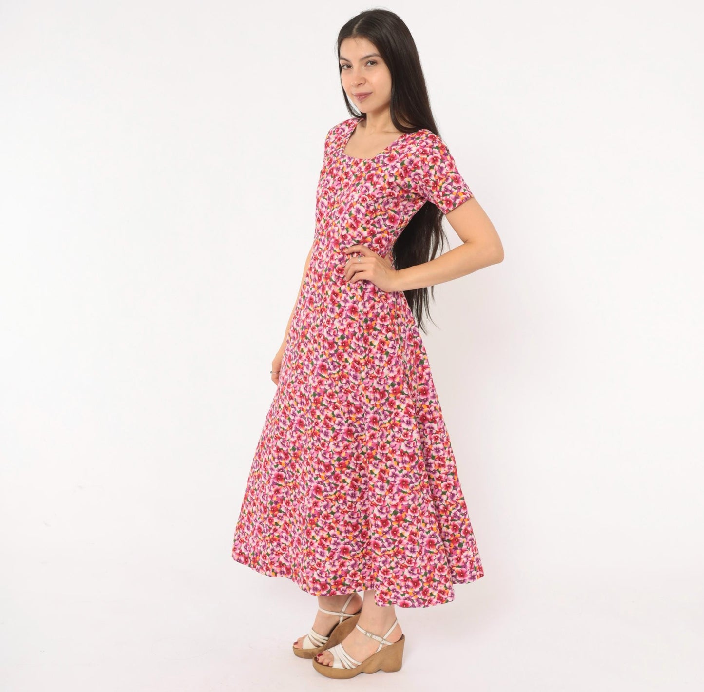 90s Pink Purple Floral Maxi Dress Cotton Scoop Neck A-Line Small
