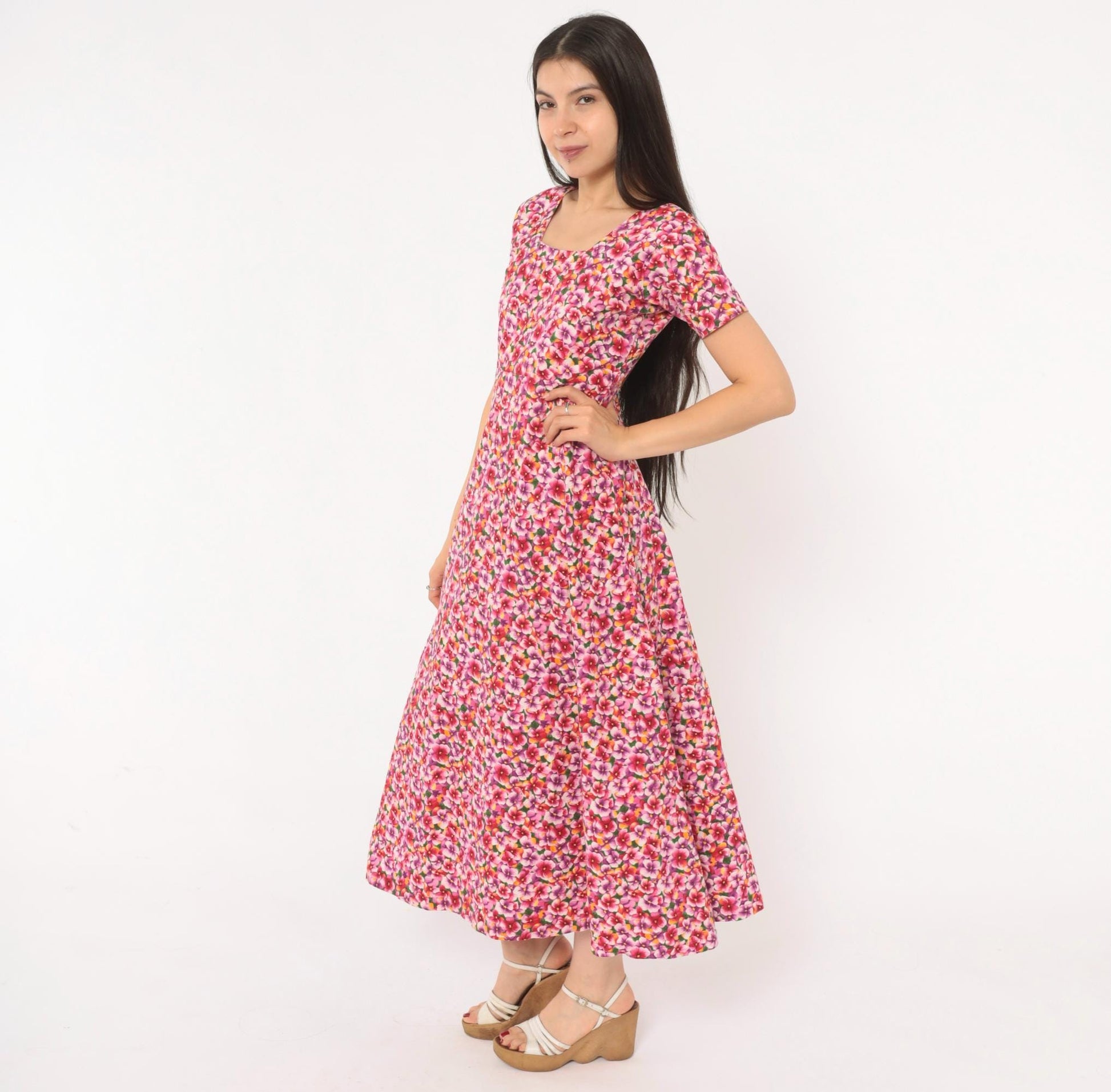 90s Pink Purple Floral Maxi Dress Cotton Scoop Neck A-Line Small