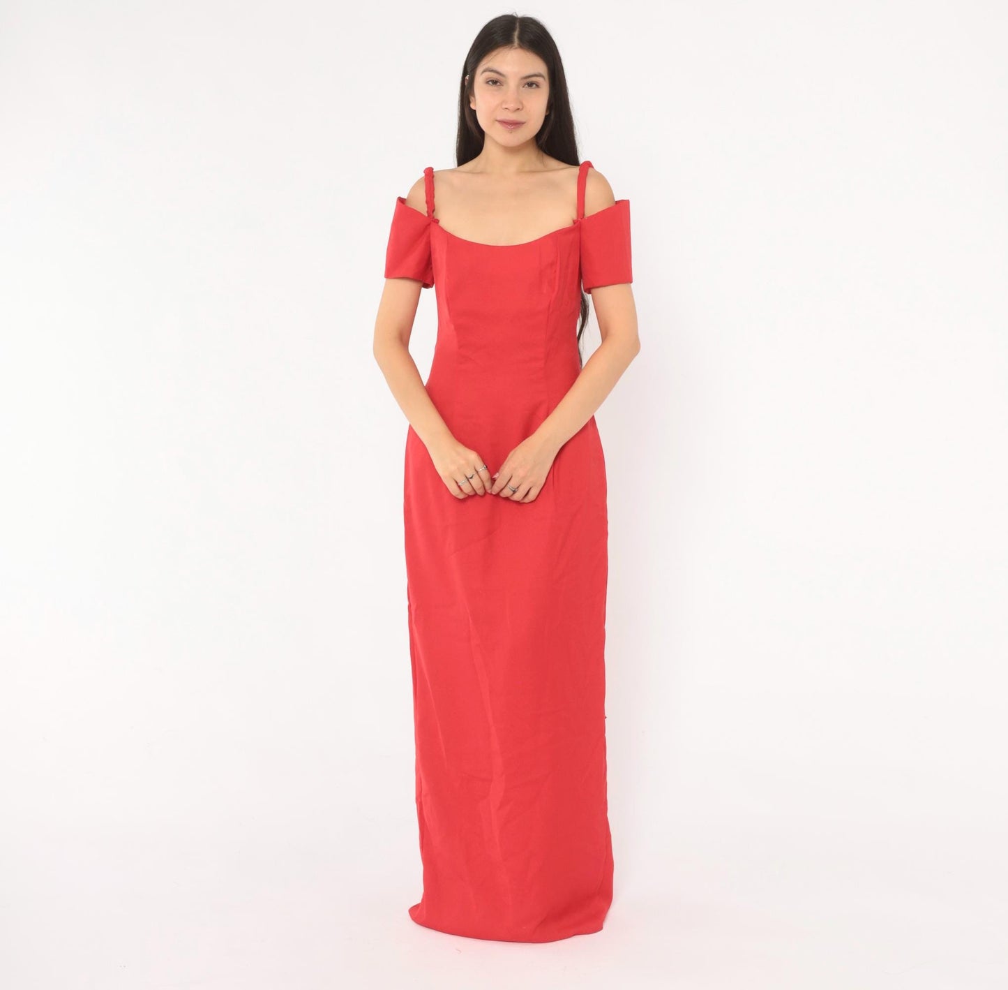 90s Red Off-Shoulder Maxi Gown Spaghetti Strap Bow Back Medium M
